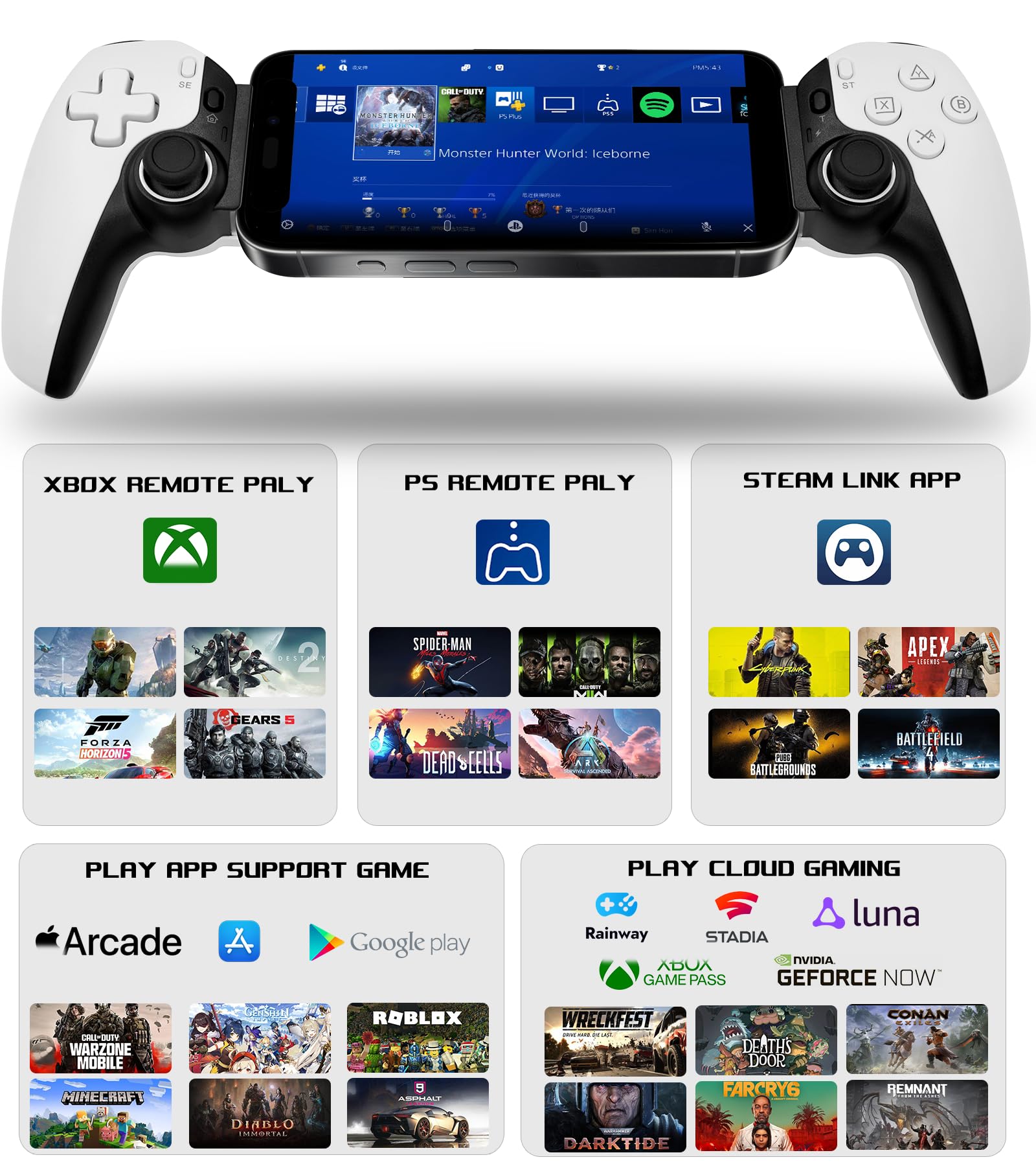 arVin Mobile Gaming Controller for iPhone/iPad/Android/Tablet/Switch/PS4/PC,Replacement for PS Portal,Wireless Gamepad with Hall Effect Joysticks/Hall Trigger/Turbo,Support Streaming/Cloud Gaming