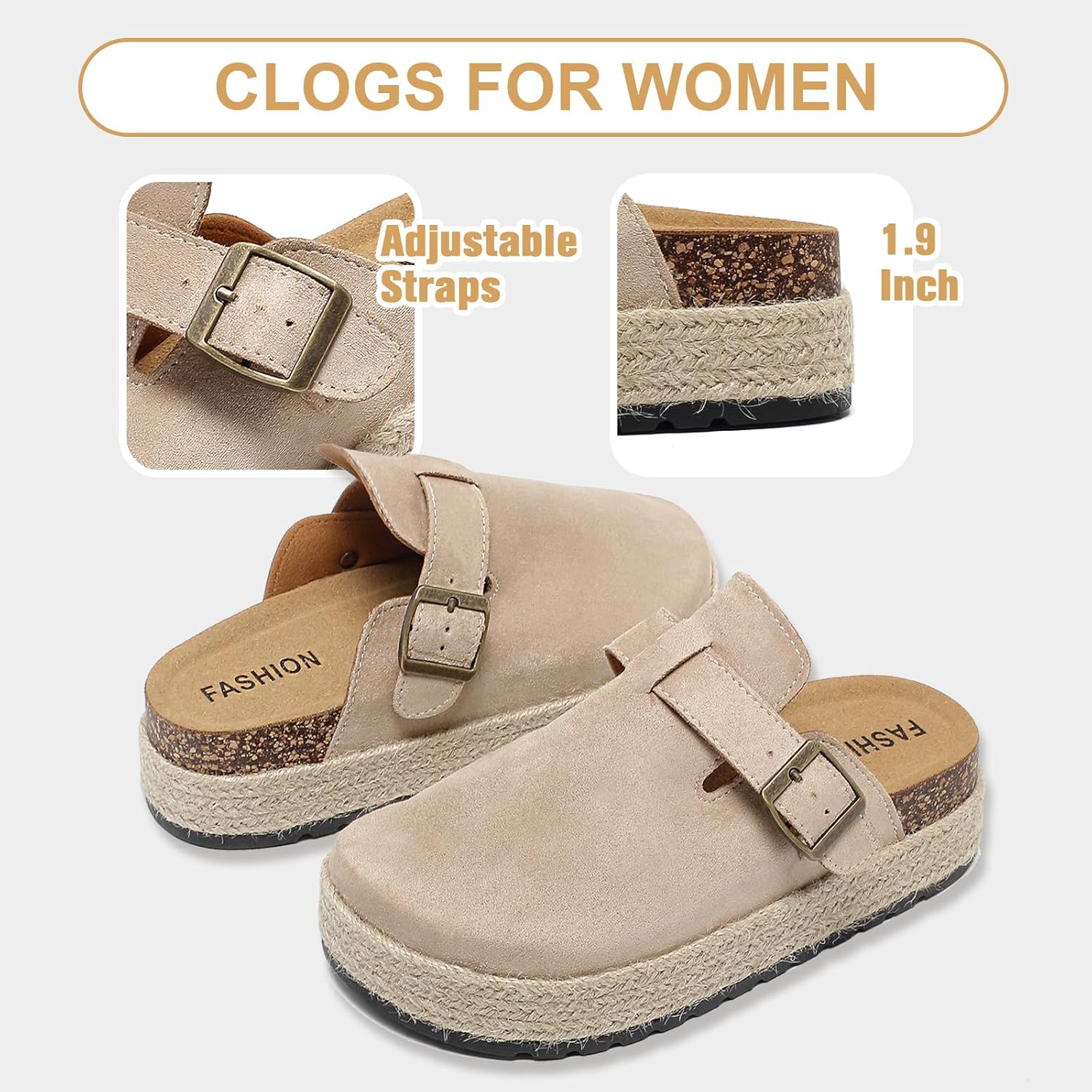 youermei Suede Platform Clogs for Women - Comfort Cork Footbed Slip-On Mules with Memory Foam and Arch Support - Potato Shoes with Adjustable Buckle - Image 6