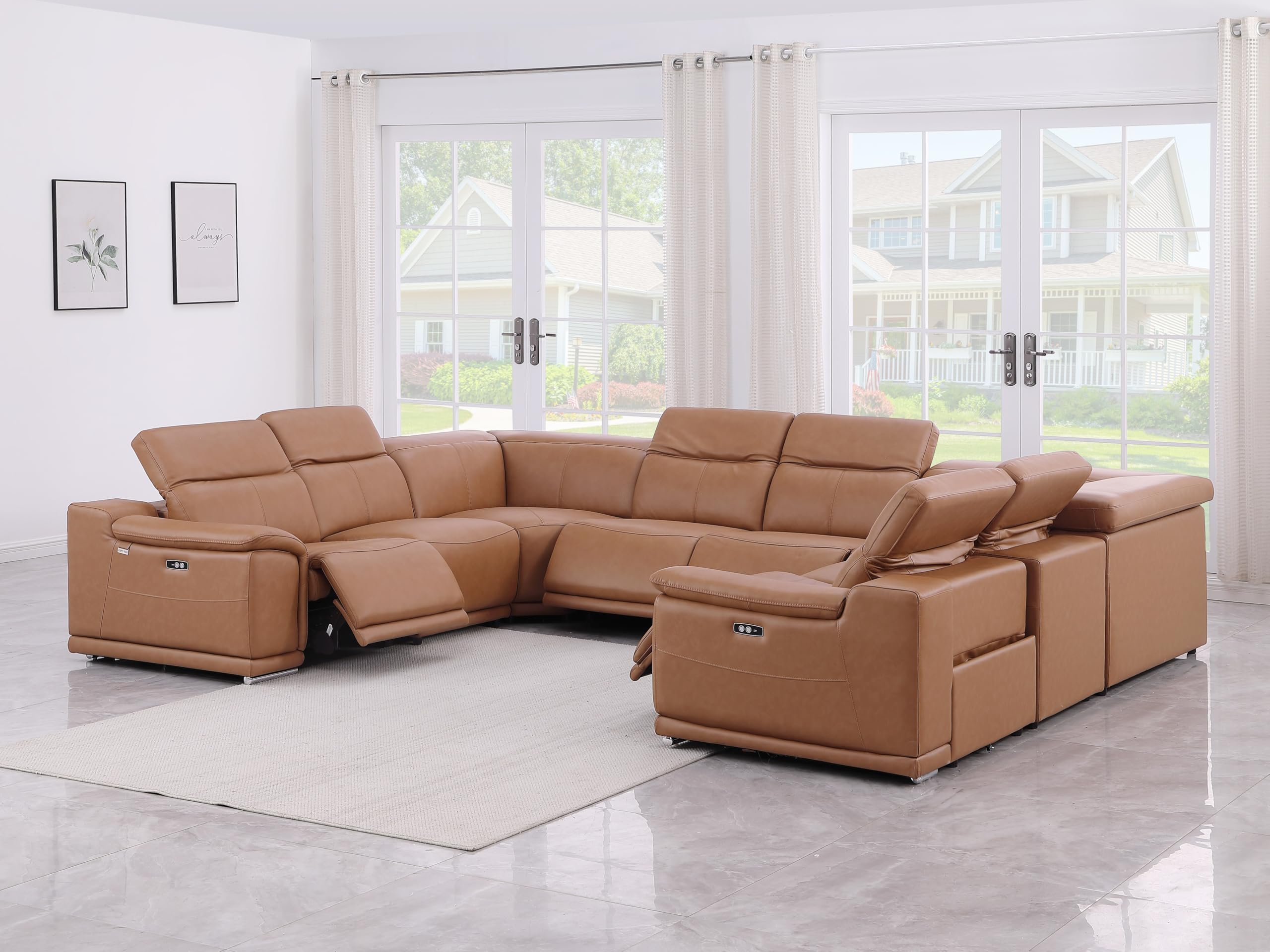 BlackJack Furniture Venice 8-Piece Top Grain Italian Leather Sectional Reclining Sofa Set with 4 Power Recliners, Adjustable Headrests, USB and Wireless Phone Charger, Cognac