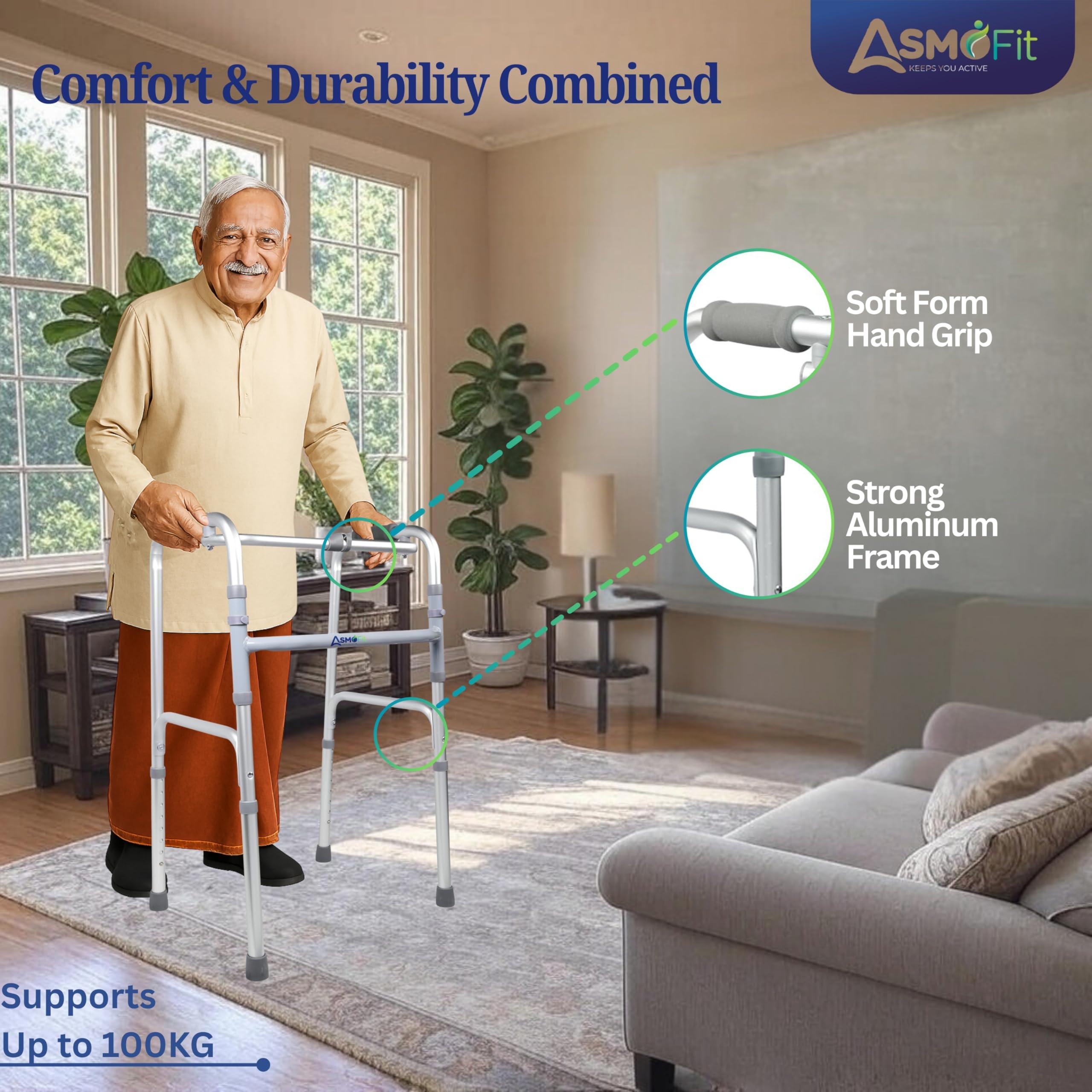 Asmofit Foldable Walker – Lightweight, Adjustable Height, Sturdy Frame for Elderly Support, Easy Mobility Aid for Seniors, Anodised Finish - Image 3 thumbnail