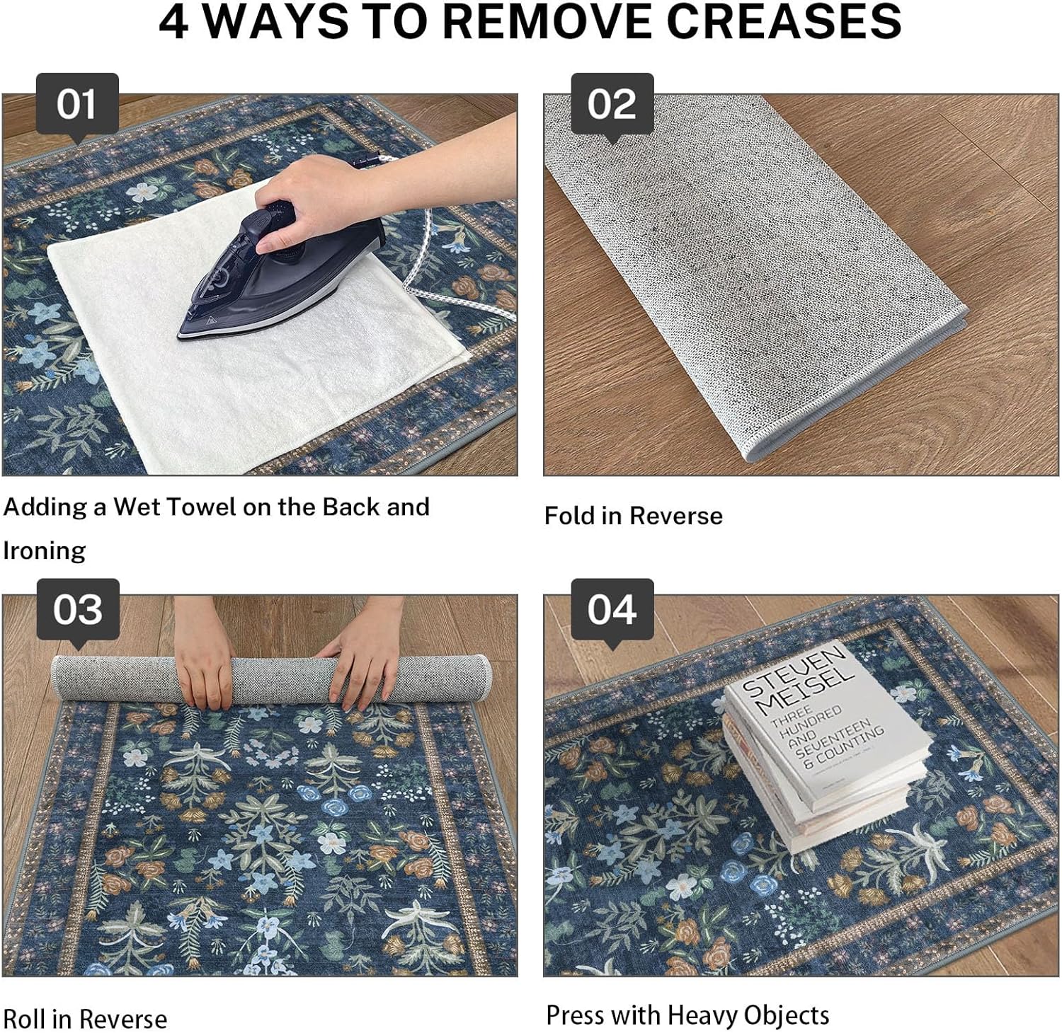 Boho Entryway Rug 2x3 Washable, Navy Floral Kitchen Rug, Super Thin Faux Wool Small Area Rug, Non-Slip Soft Carpet for Foyer, Bedroom, Office - Image 4