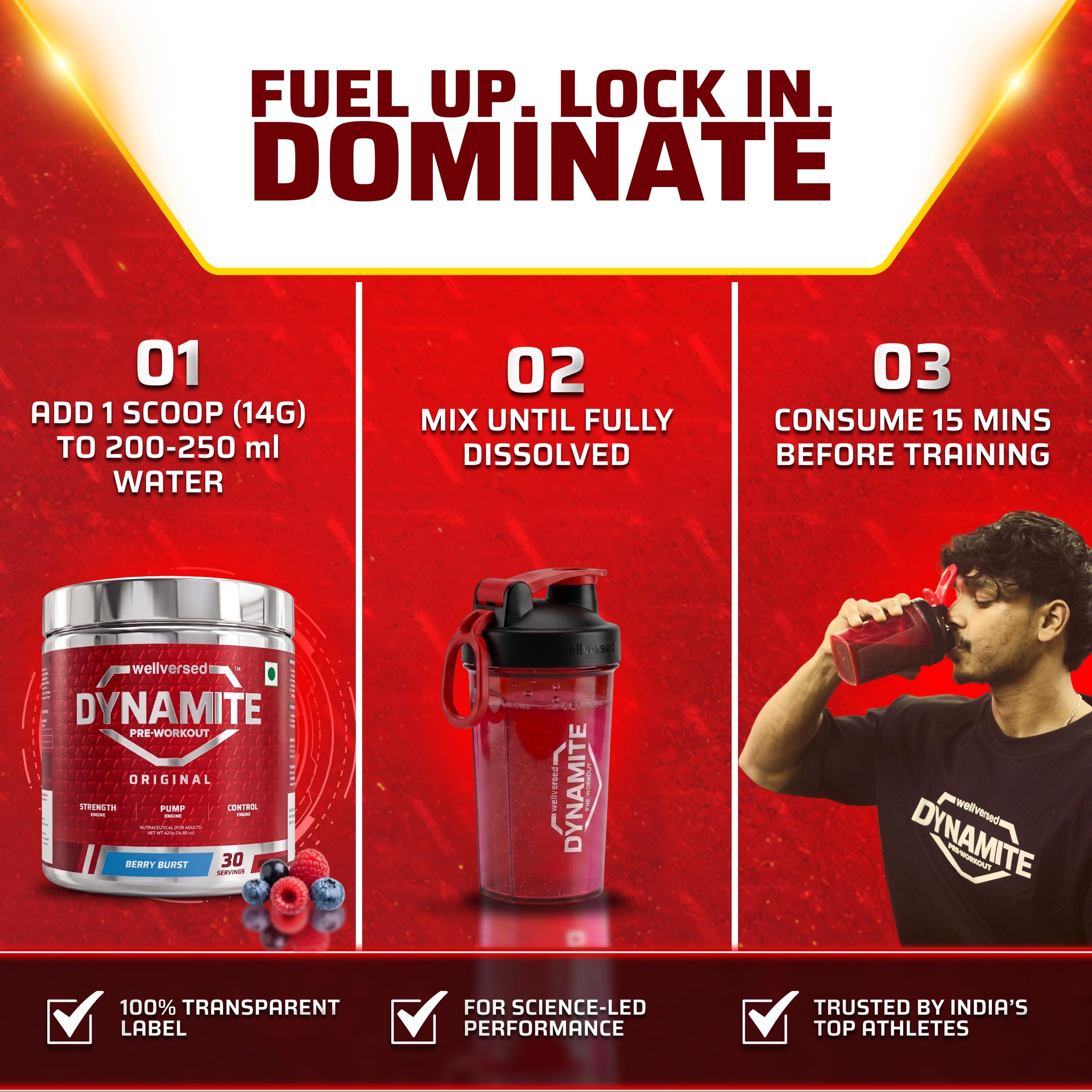 Dynamite Original Pre Workout For Men (30 Servings, Berry Burst) For Focus & Energy Boost With 6500mg Citrulline Complex | Preworkout Supplements For Men - 420g 2