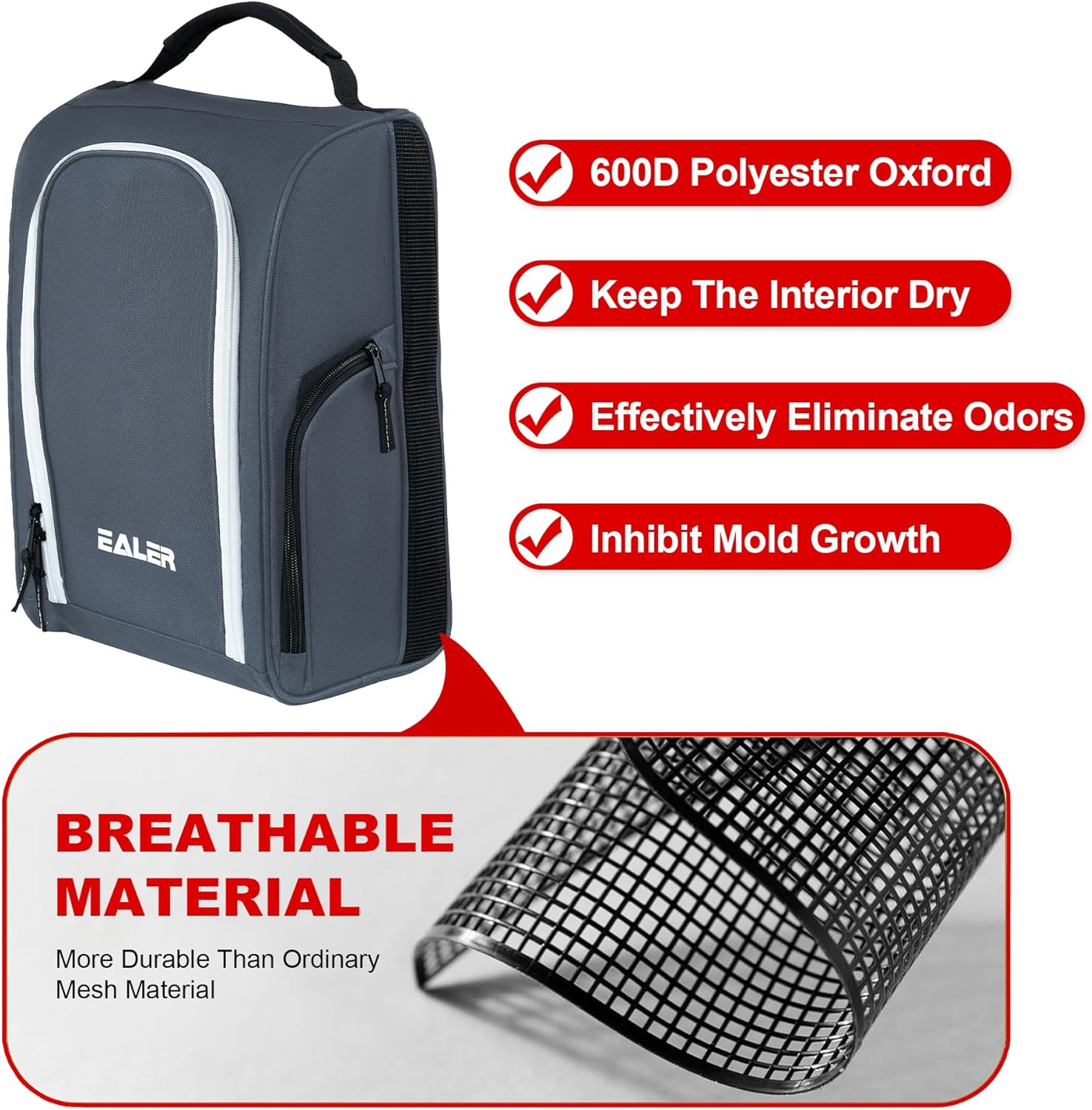 EALER GSB100 Golf Shoe Bag, Zippered Shoes Carrier Bags with Ventilation & Double Outside Pocket for Golf Balls, Socks, Tees, Valuables and Other Accessories - Image 4