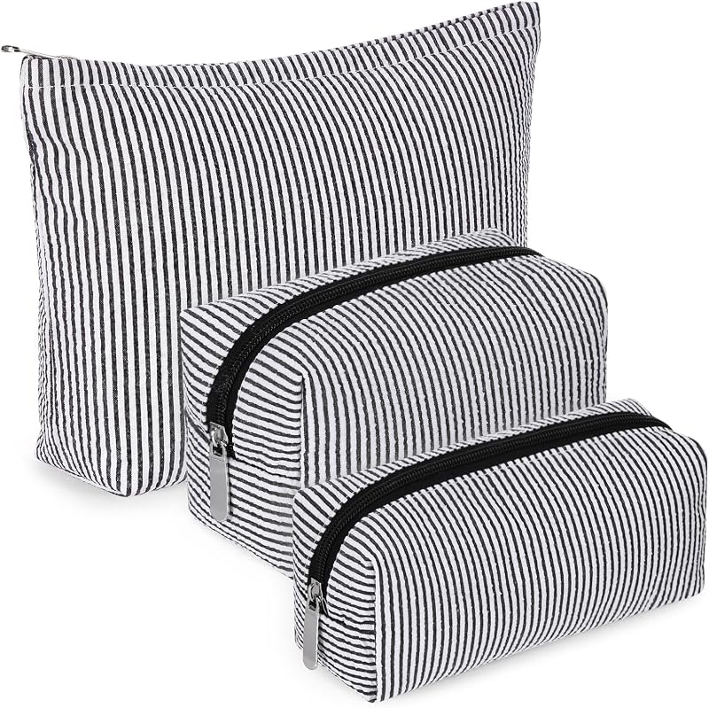 Necessaire de maquiagem Huhumy com 3 unidades, preta, listras finas