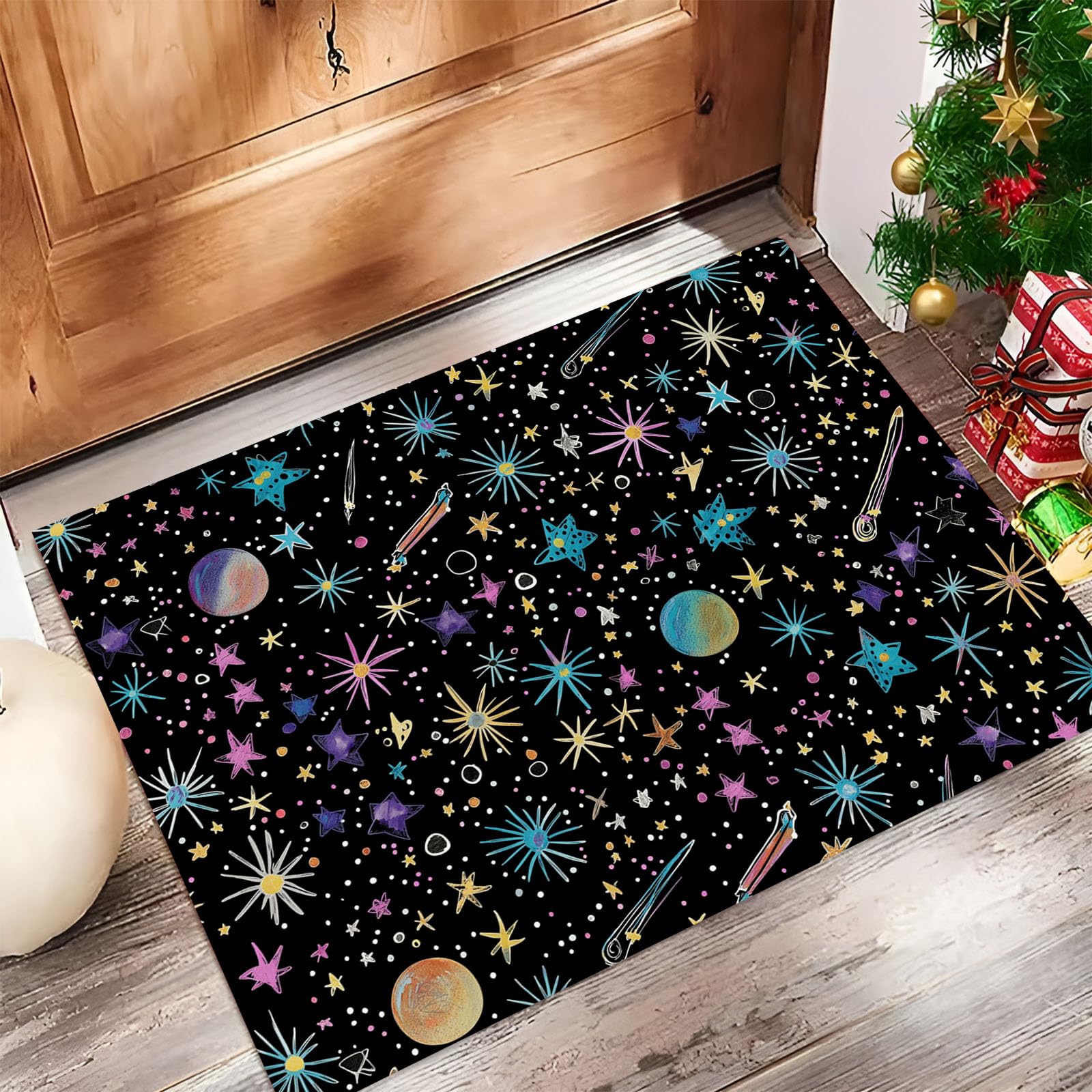 Felpudo de Bienvenida con Estrellas Y Estrellas Fugaces, 80x120cm Felpudo Entrada Casa Graffiti Cielo Estrellado Antideslizante Alfombra Pasillo de Perfil Bajo para Debajo de la Puerta, Negro