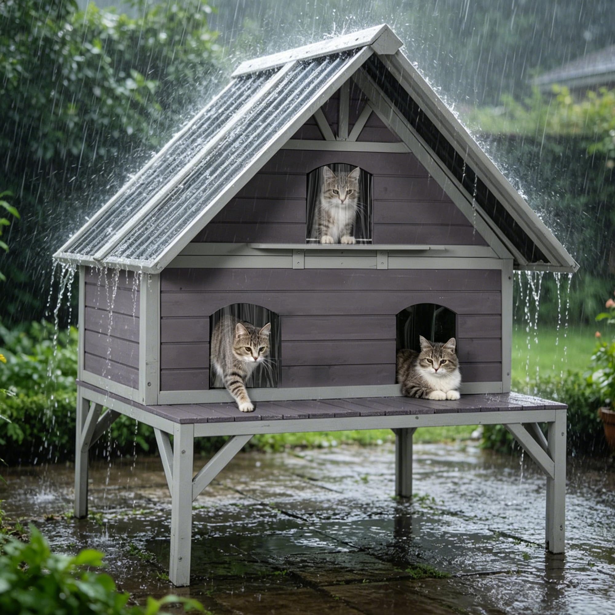GUTINNEEN Outdoor Cat House for Feral Cats, 9.95ft² Weatherproof Wooden 2-Story Kitty Shelter for Multiple Cats, Independent Design with Escape Doors and Spacious Porch