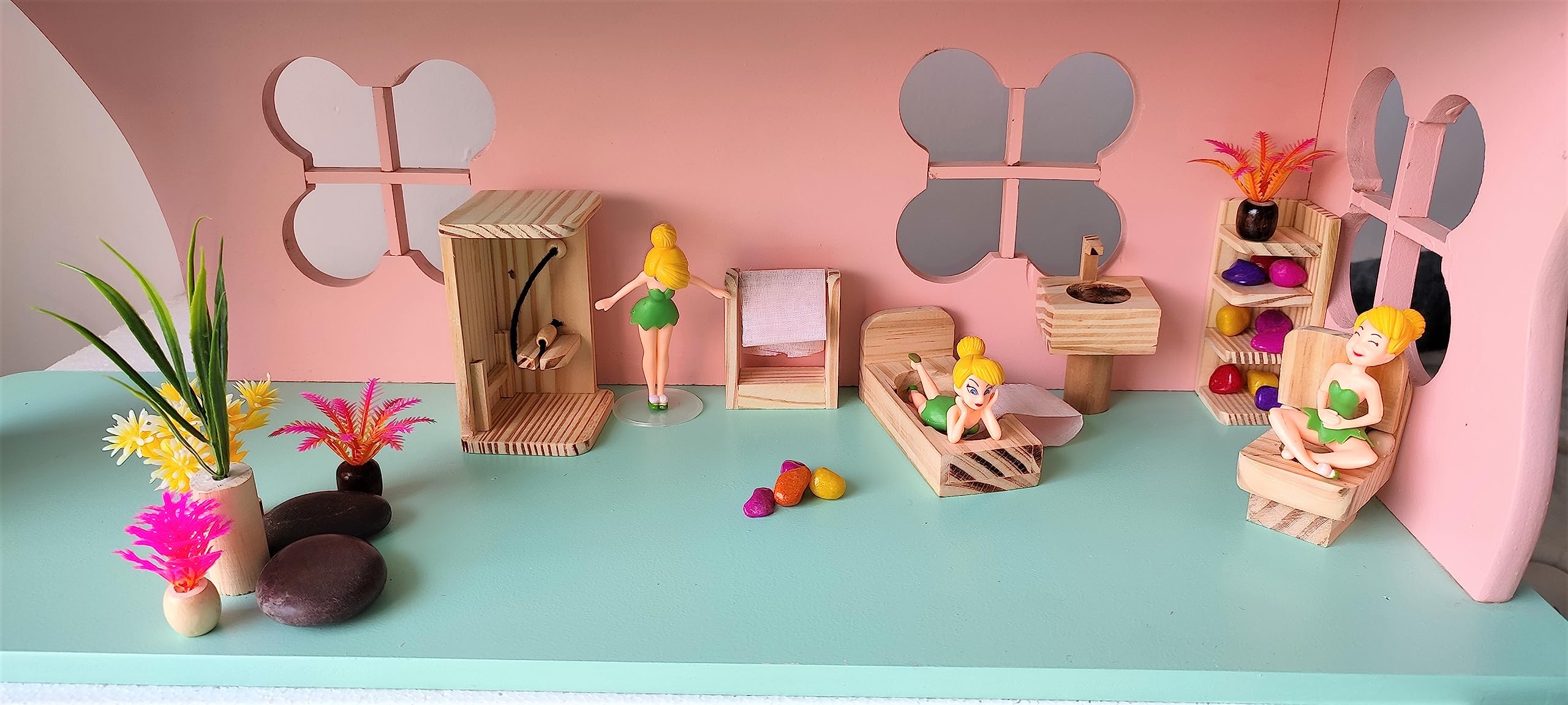 Dollhouse Accessories Doll House Furniture Set (Wooden): Drawing Room - Kitchen - Bedroom - Toilet (Bath Room Extended)