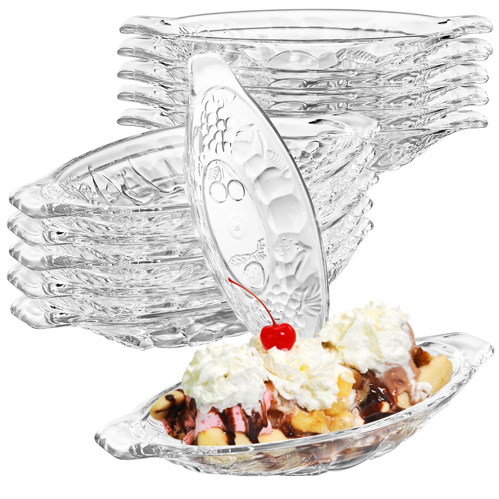YOUNTHYE 12Pcs Banana Split Dish Boat, 8oz/240ml Ice Cream Sundae Dish Acrylic Serving Plates Clear Serving Bowl for Fruits, Yogurt, Dessert, Brownies, Salad, Snack