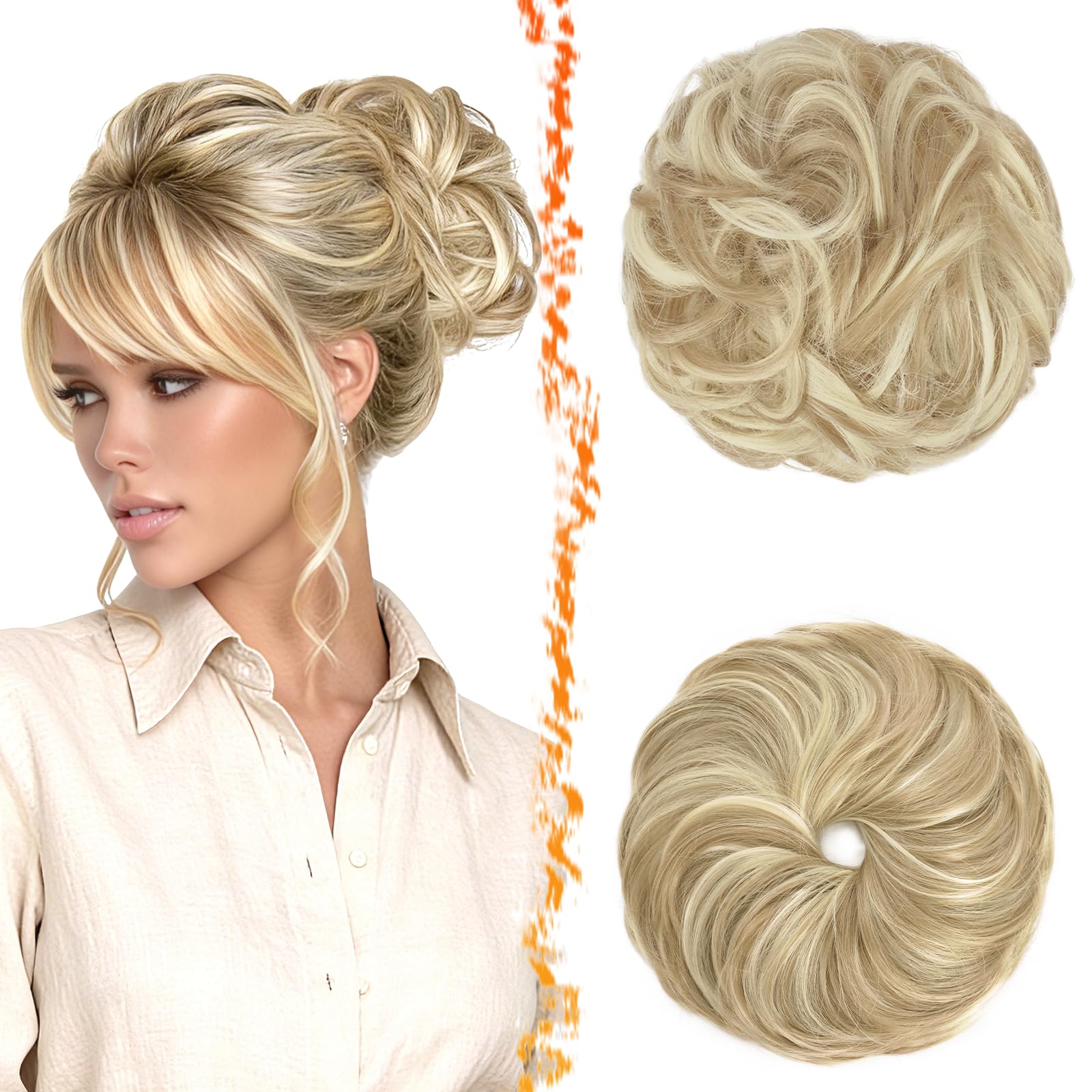 BARSDAR 2 Stücke Messy Bun Haarteil Mit Gummiband, Haar Dutt Haargummi Extensions für Damen Synthetisch Haaren Hochsteckfrisuren Haardutt Haarverlängerung Haarteile - Helles Aschblond & Bleichen Blond