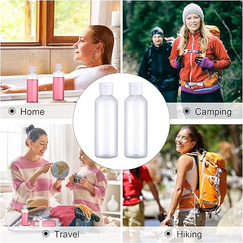 Miniatura 7 de Juego de 50 botellas de viaje de 3.4 onzas, botellas de plástico transparente rellenables con dispensadores de tapa abatible y 2 embudos para