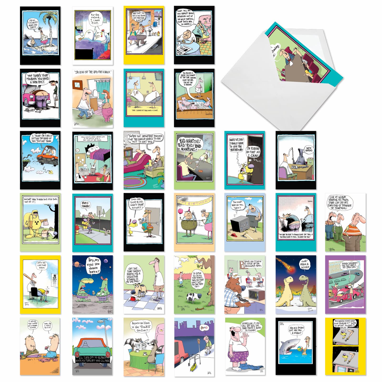 NobleWorks - 36 Assorted Funny Birthday Cards Bulk Box Set with Envelopes (36 Designs, 1 Each) engaging Mixed Humor Greeting Card Pack for Men & Women - McCoy Bros. Merriment AC7742BDG-B1x36 — image 1