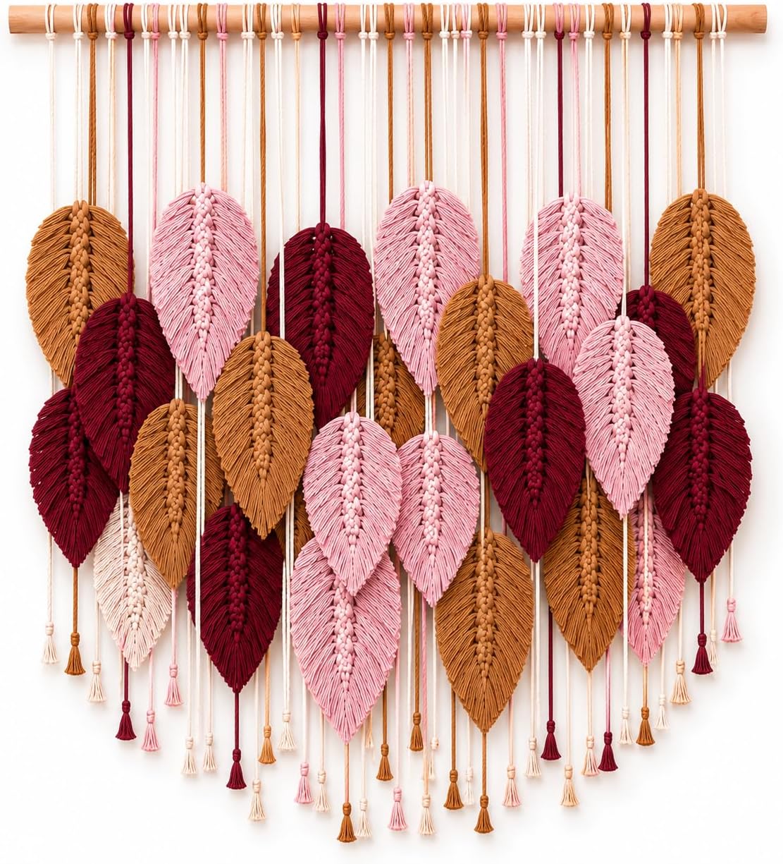 Macrame Wall Hanging Large, Boho Wall Decor, Leaf Macrame Wall Art, Woven Cotton Tapestry for Bedroom Living Room (Pink and Wine) 39" x 31"