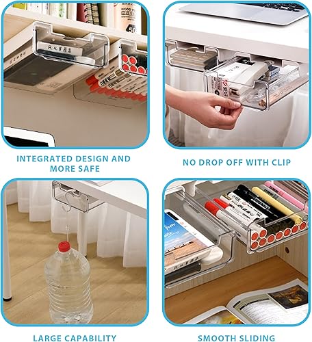 Miniatura 5 de MEHIDFY - Paquete de 2 cajones deslizables debajo del escritorio, cajones de almacenamiento autoadhesivos ocultos debajo del escritorio, accesorios