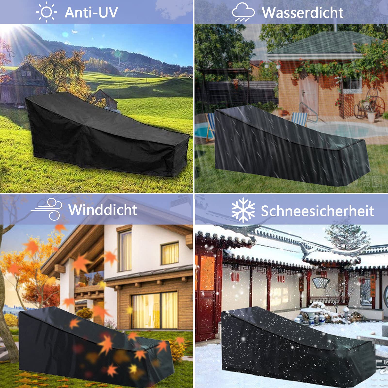 Lot de 2 housses de protection pour chaise longue de jardin avec 4 boutons coupe-vent 210D Oxford 200 x 75 x 40/70 cm