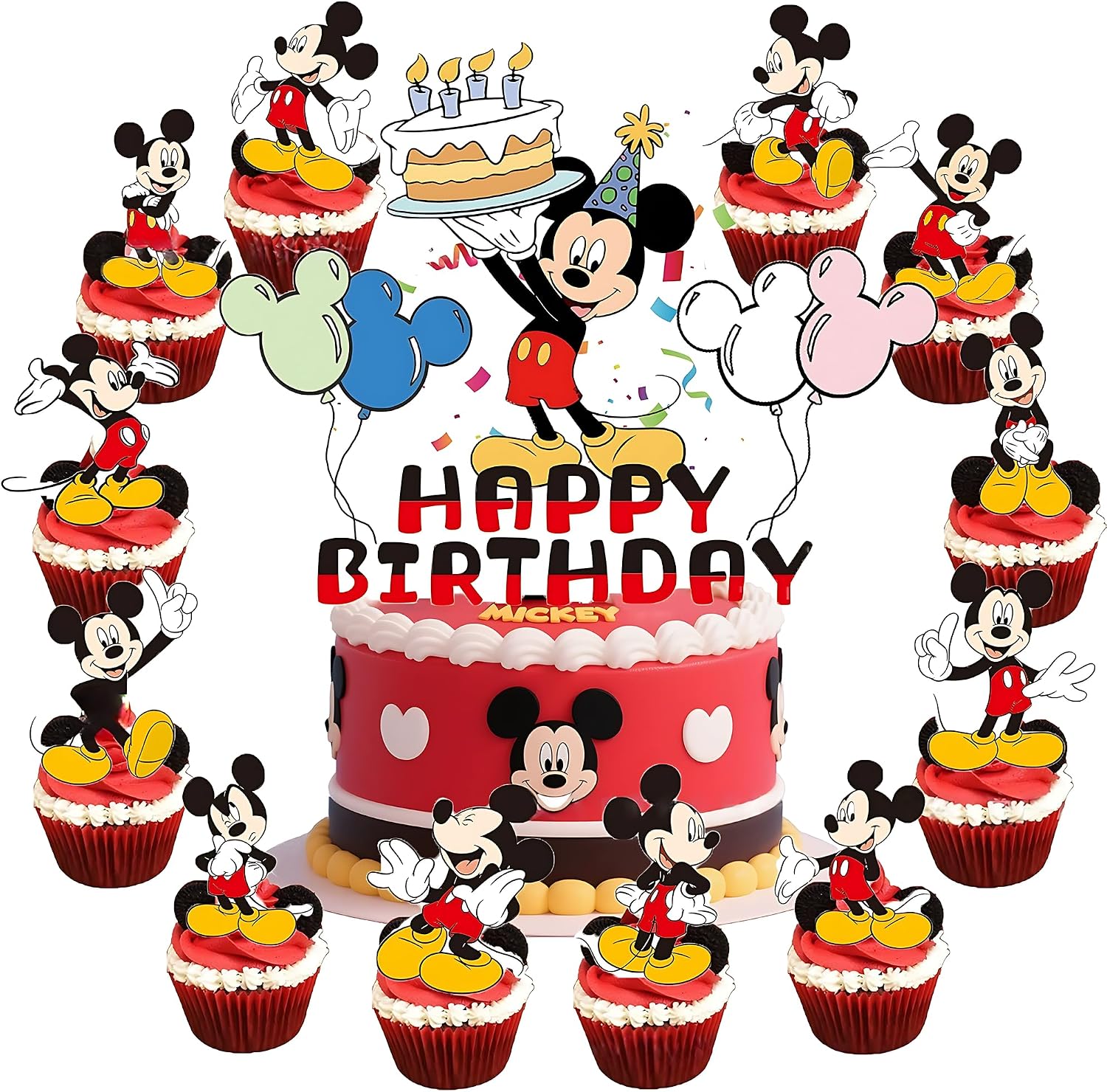 25Pcs Happy Birthday Cake Toppers Set, Cute Mouse Cake Decorations, Cartoon Themed Cupcake Toppers, Birthday Party Supplies (MIqi)
