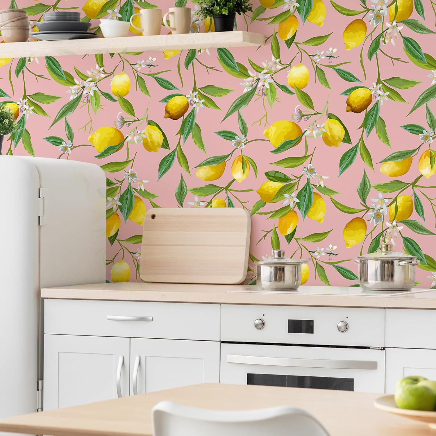 VEELIKE Pink Lemon Wallpaper Stick and Peel Vintage Fruit Wallpaper for Kitchen Bathroom Nursery 17.7''x118'' Prepasted Removable Lemon Floral Wallpaper Pink Contact Paper for Cabinets Drawers Shelves