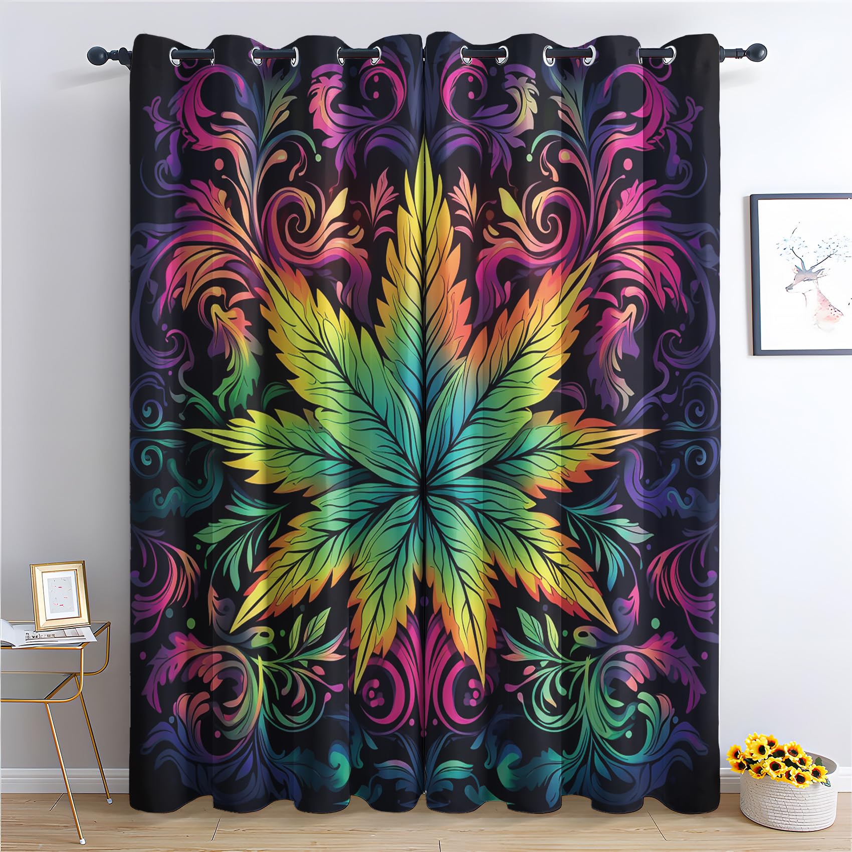 Marijuana Curtains for Bedroom Living Room - Cannabis Trippy Blackout Curtains 90x108 Inch (Width x Drop), Thermal Insulated Eyelet Curtains & Drapes, Decorative Patterned Window Treatments H-#71