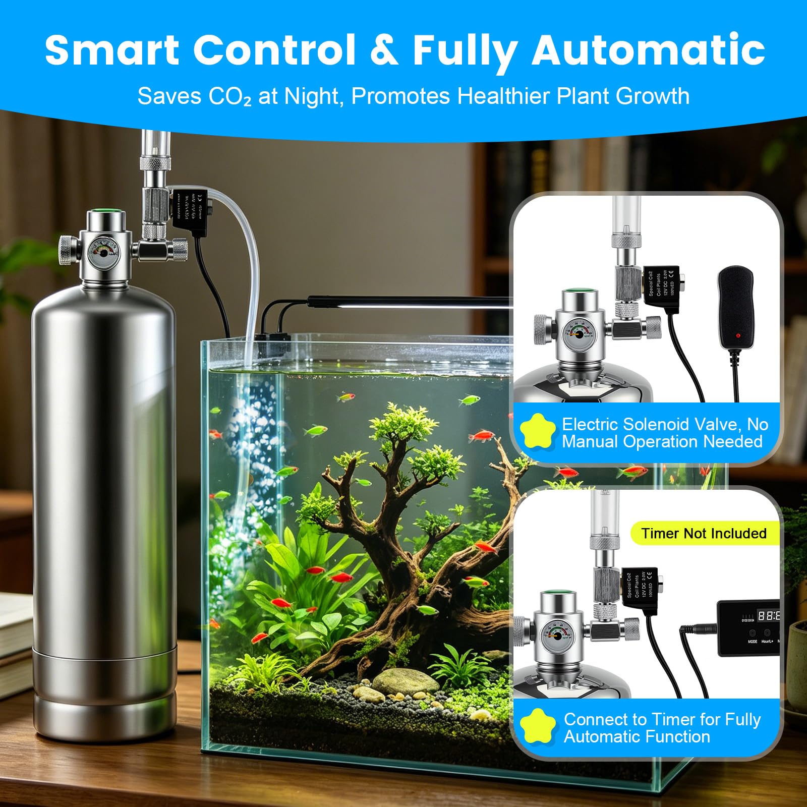 Sistema de reactor de dióxido de carbono de 2 L con regulador y válvula de aguja, generador de CO2 de acero inoxidable para acuario, con válvula magnética para plantas de acuario
