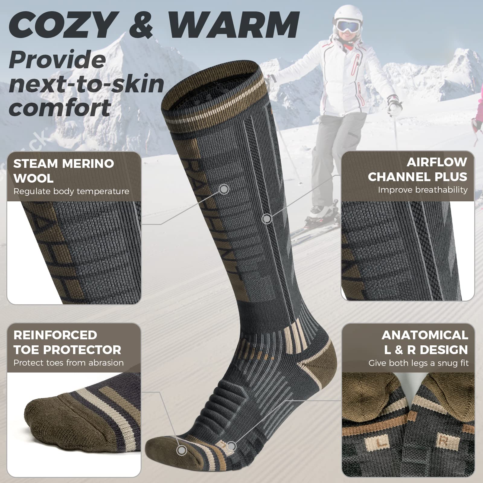 2 Paia Di Calze Sci in Lana Merino Per Uomo, Donna E Ragazzo, Calze Da Sci Snowboard a Compressione, Calze Termiche Sci Alte E Spesse Per Il Freddo, Traspiranti, Ad Asciugatura Rapida, Taglia 35-51
