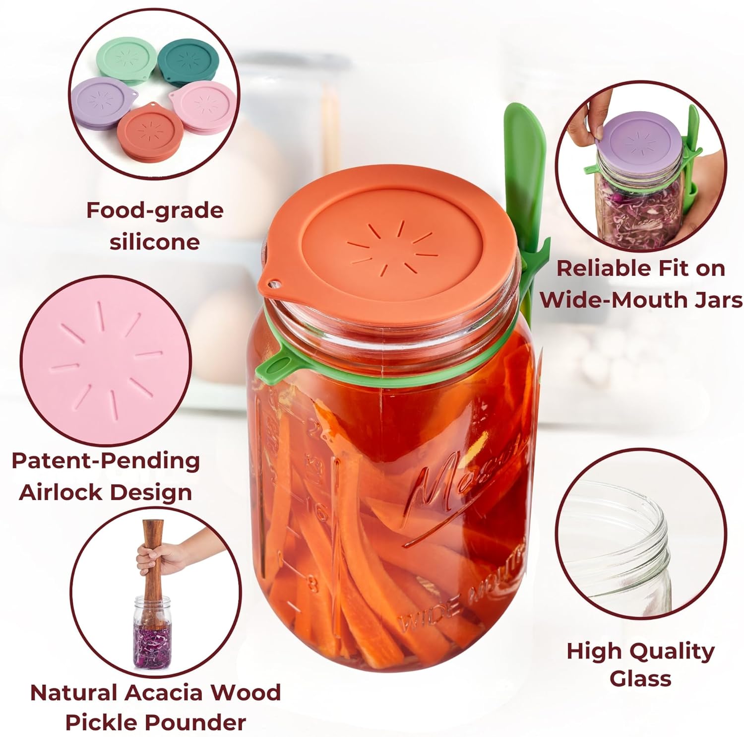 Master Fermentation Kit for Wide Mouth Mason Jar by The Amish Chef - Pickle Kit, Kimchi, Sauerkraut Making Kit - Fermentation Airlock Lids - Image 6