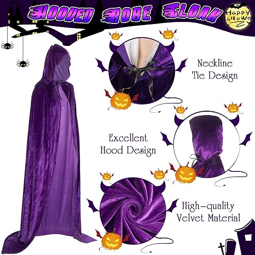 Miniatura 2 de Enhon Kit de capa con capucha y sombrero de bruja, capa de terciopelo para disfraz de bruja y sombrero para Halloween, disfraz renacentista y cosplay