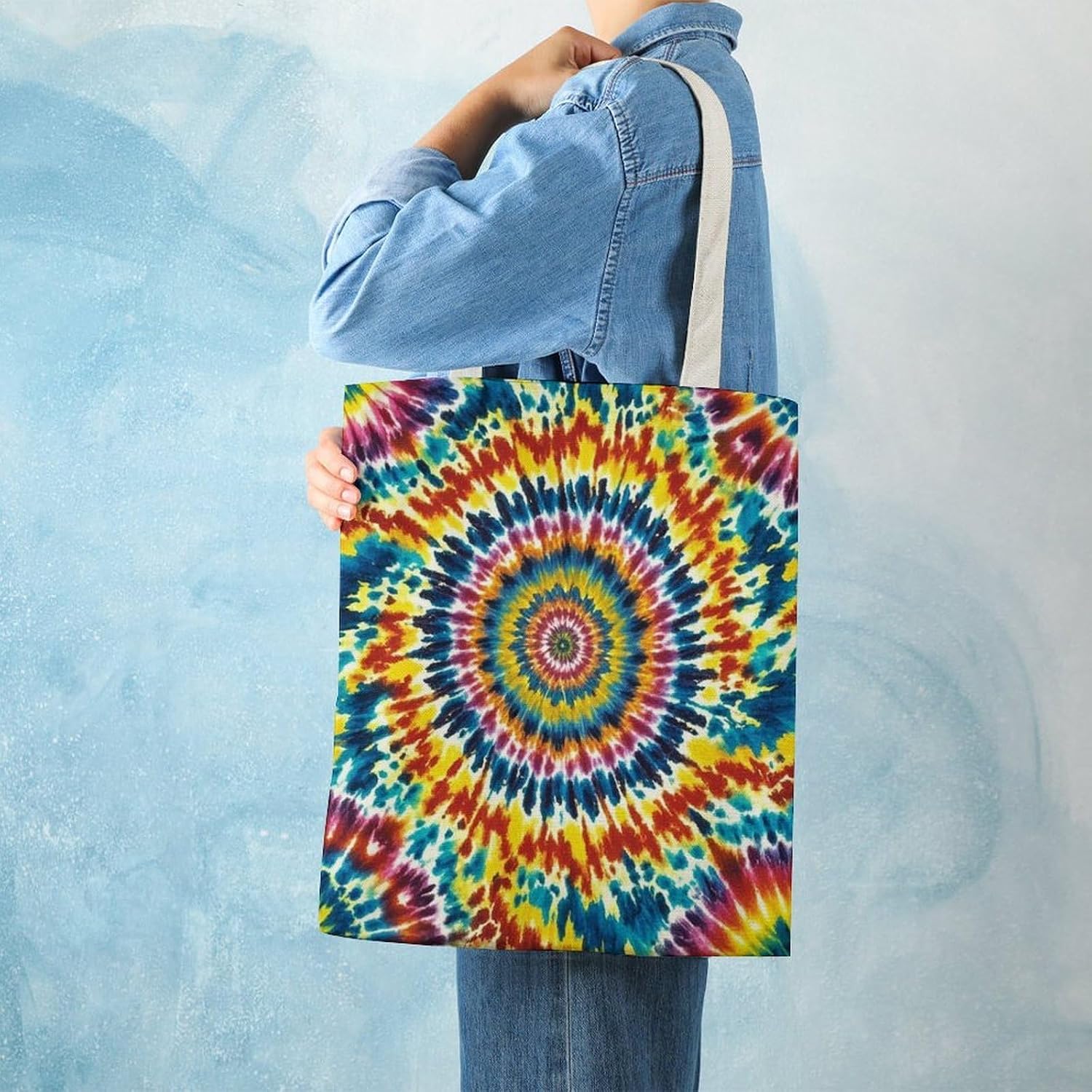 Canvas Tote Bag 16x15 In Lightweight Foldable Shoulder Hobo Purse | Color Tie Dye, Casual Tote with 10" Strap, Everyday Carryall, for Travel Work Grocery Shopping Beach Mark Gym Yoga