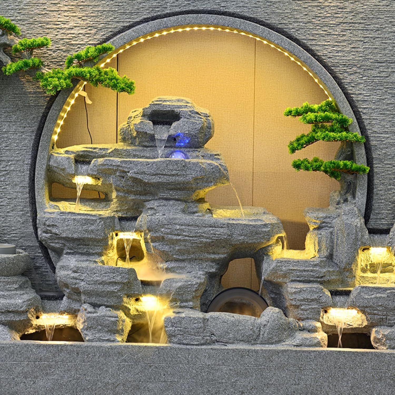 Zen Garden Landscape Waterfall Gray Rockery Fountain with LED Lights and Artificial Greenery – Tranquil Indoor/Outdoor Decorative Water Feature, Housewarming Gift(B+A+B)