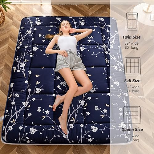 Miniatura 5 de MAXYOYO Colchón futón con estampado floral azul marino, colchón japonés acolchado, extra grueso, plegable, transpirable, tumbona para el suelo, cama