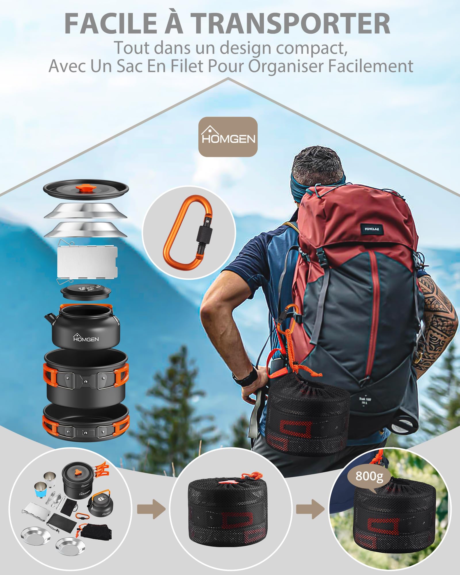 HOMGEN Set de Cuisine de Camping avec Pare-Brise Ensemble de Casseroles et Poêles de Camping en Aluminium pour 2-3 Personnes - Batterie de Cuisine Portable Légère pour l’extérieur, la Randonnée