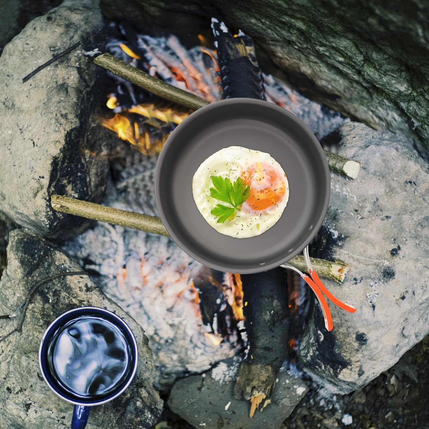 Kisangel Portable Non-Stick Camping Frying Pan and Aluminum Cooking Pot, Lightweight Foldable Outdoor Cookware for Hiking, Backpacking, and Picnic Use