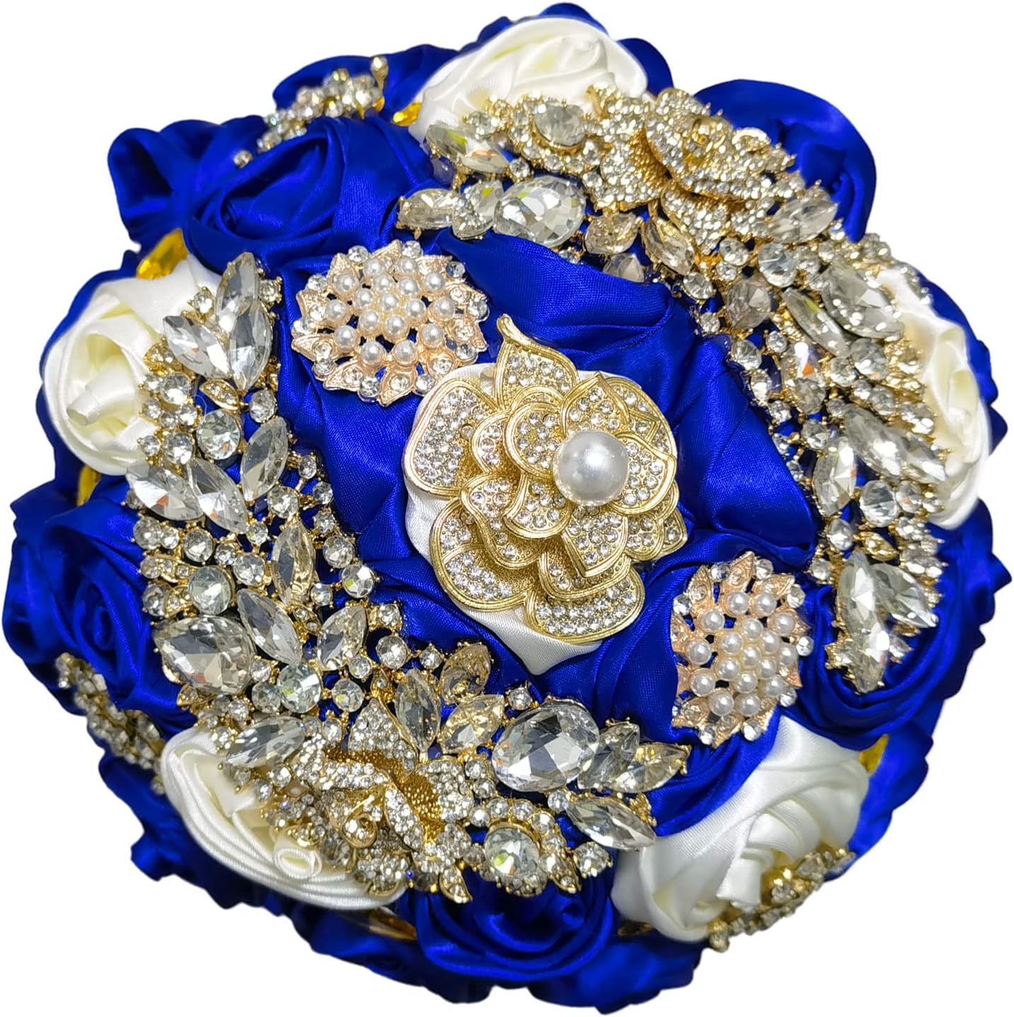 7 Inch Wedding Bouquet Satin Rose Bridal Holding Bridesmaid Gold Pearl Brooch Artificial Flower Bouquet for Indoor Church Wedding, Bridal Shower, Toss Bouquet, Quinceanera (Royal Blue Ivory)