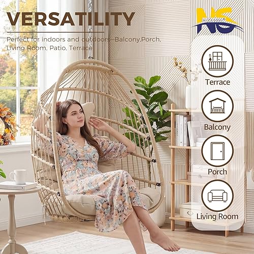 Miniatura 9 de NICESOUL Silla de huevo sin soporte para interiores y exteriores, cómoda silla colgante de mimbre para patio con cojín, hamaca columpio de 350