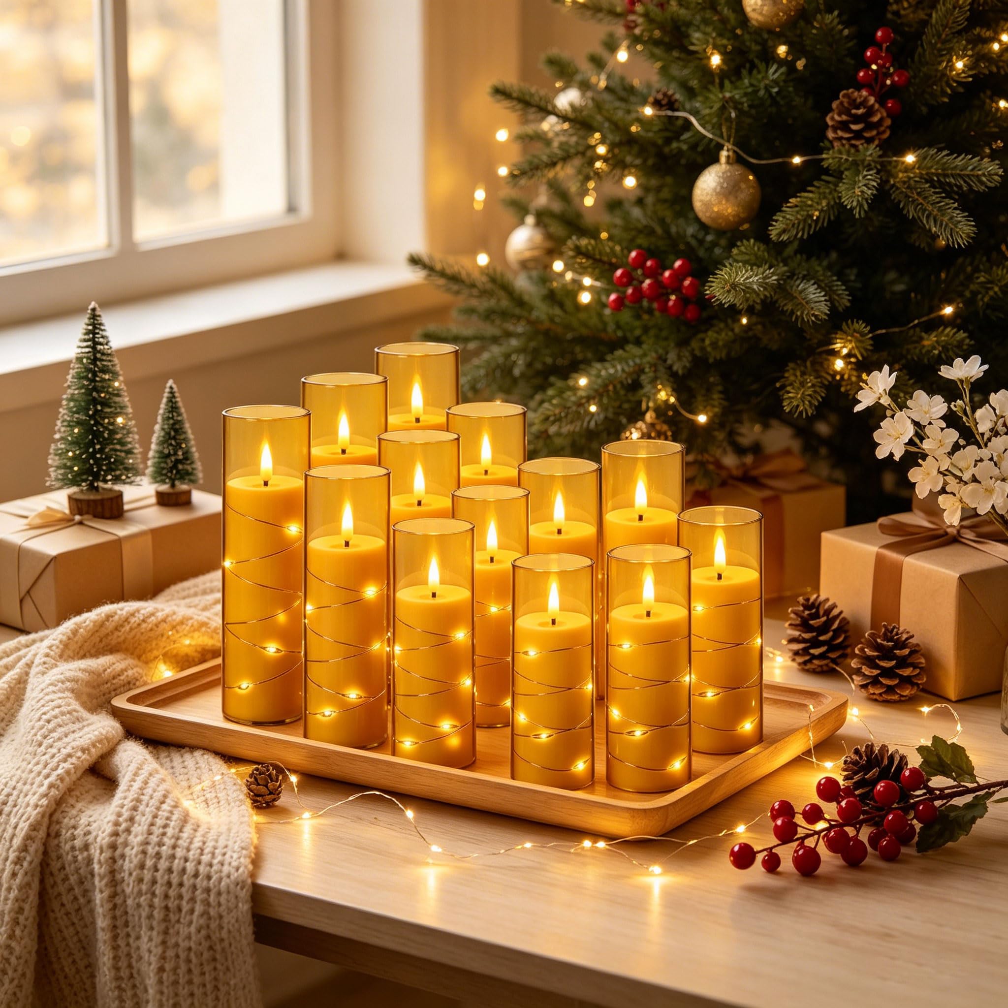 12 Bougies LED Champagne Transparentes, Guirlande Lumineuse, Flamme Scintillante Réaliste, Télécommande, Réutilisables pour Déco Intérieure et Festive
