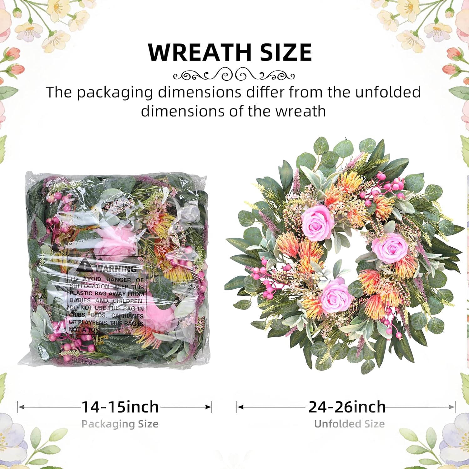 24 Inch Spring Rose Wreath Handmade Wreath for Front Door, with Eucalyptus Berries & Flocking Prote, Farmhouse Wreath for Home Indoor Outdoor Wall Festival Farmhouse Holiday Decor Year Round - Image 4