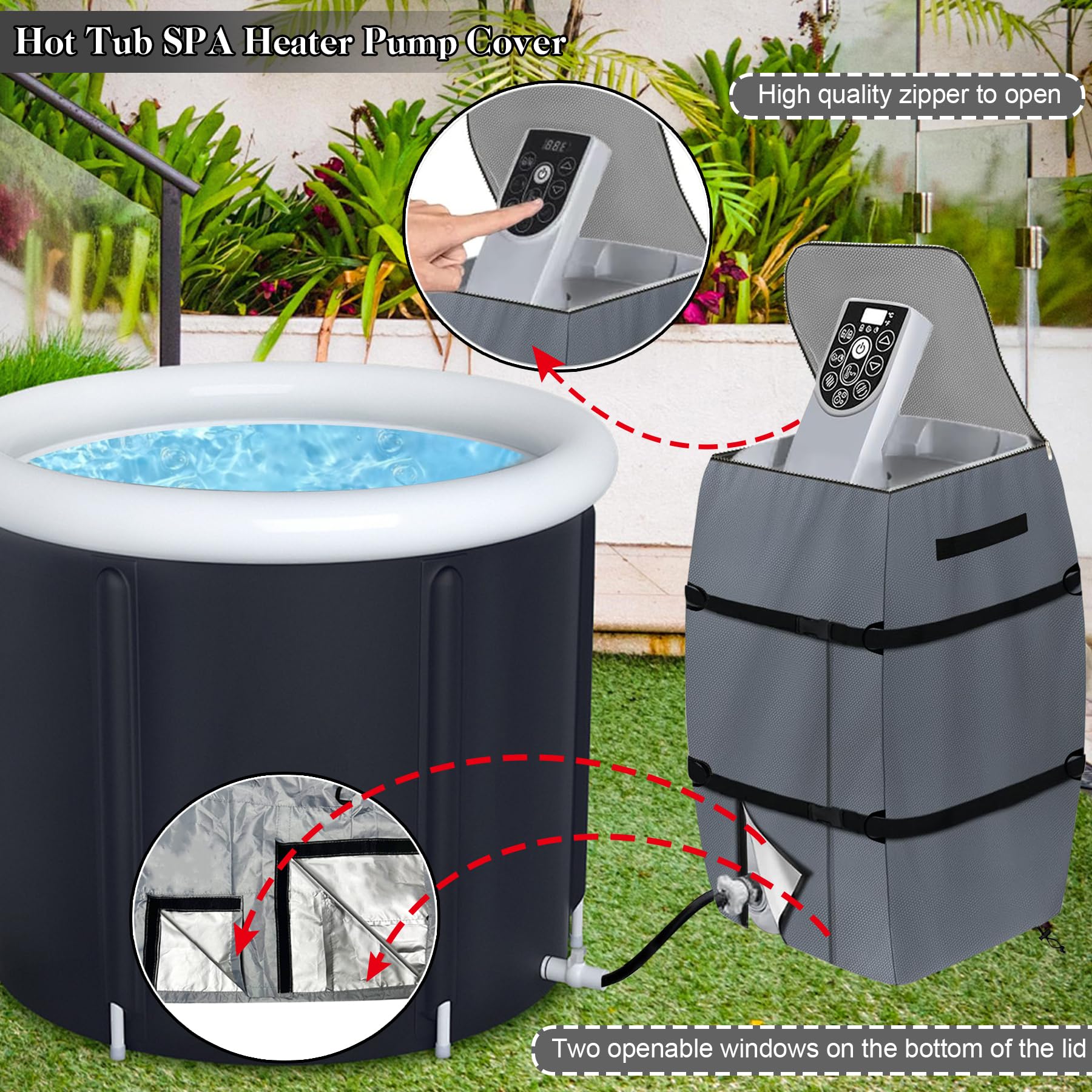 TZEKING Housse De Chauffage pour Spa Imperméable, Ajustable et Pliable - Couvercle De Pompe avec Cordon et Boucle - 4