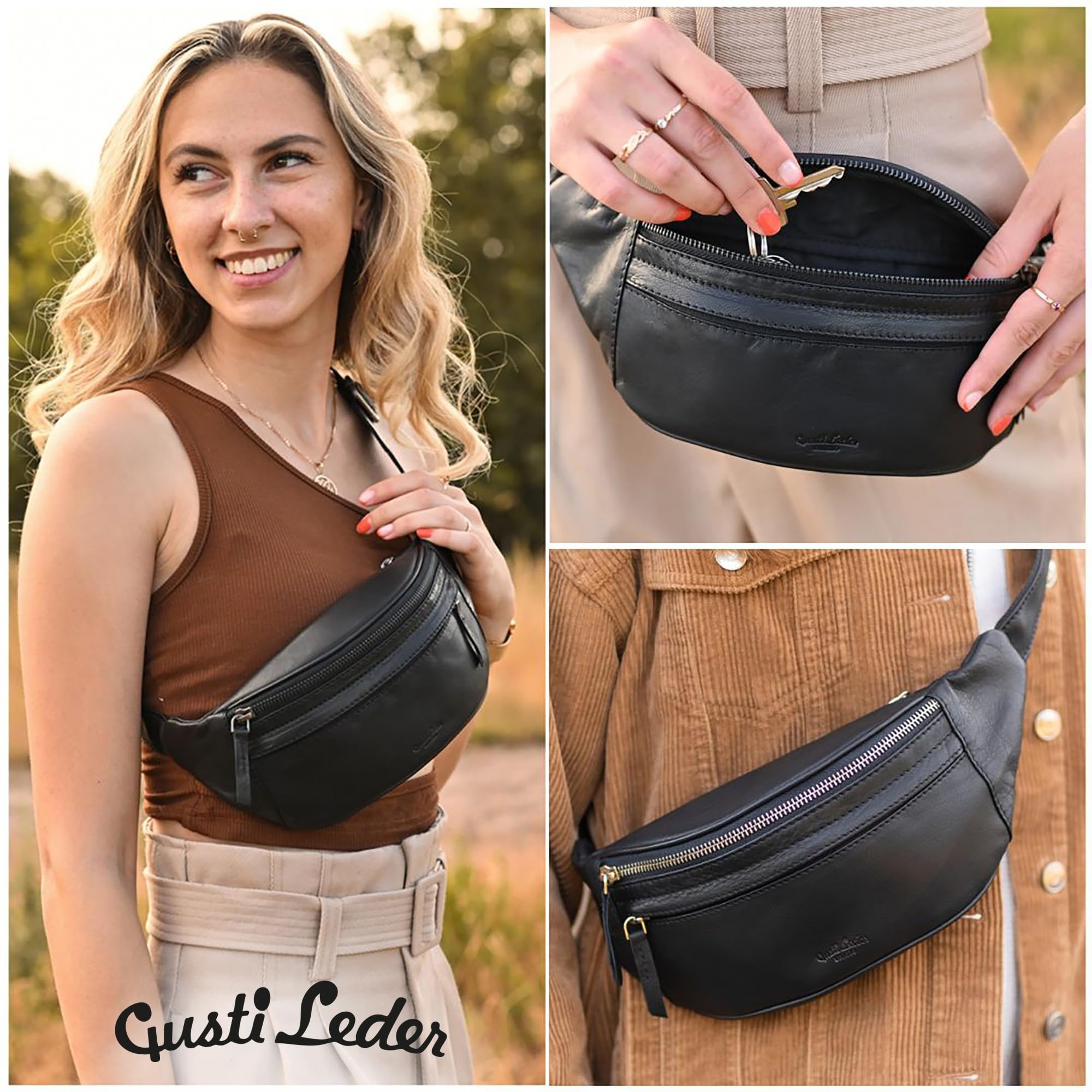 Gusti Bauchtasche Leder Schwarz – Hochwertige Gürteltasche Damen Herren, Verstellbarer Gurt, Viel Stauraum, Unisex Crossbody Bag, Bauchtasche Leder Schwarz Echtleder