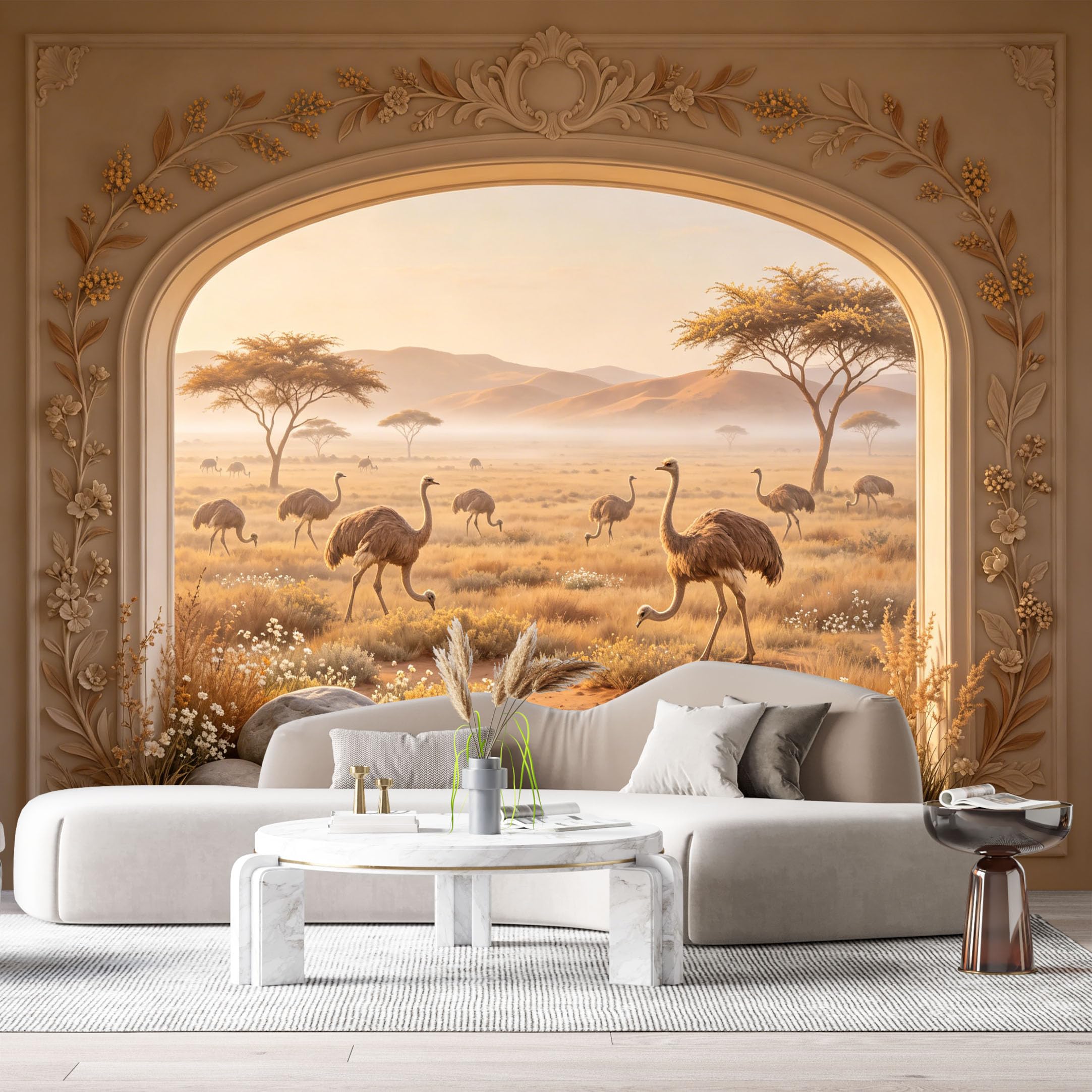 Custom Size Wall Murals African Savanna Ostrich Landscape 3D Trompe L'Oeil SelfAdhesiveWall Fabric Removable Wallpaper Wall Decor for Living Room Bedroom Bathroom