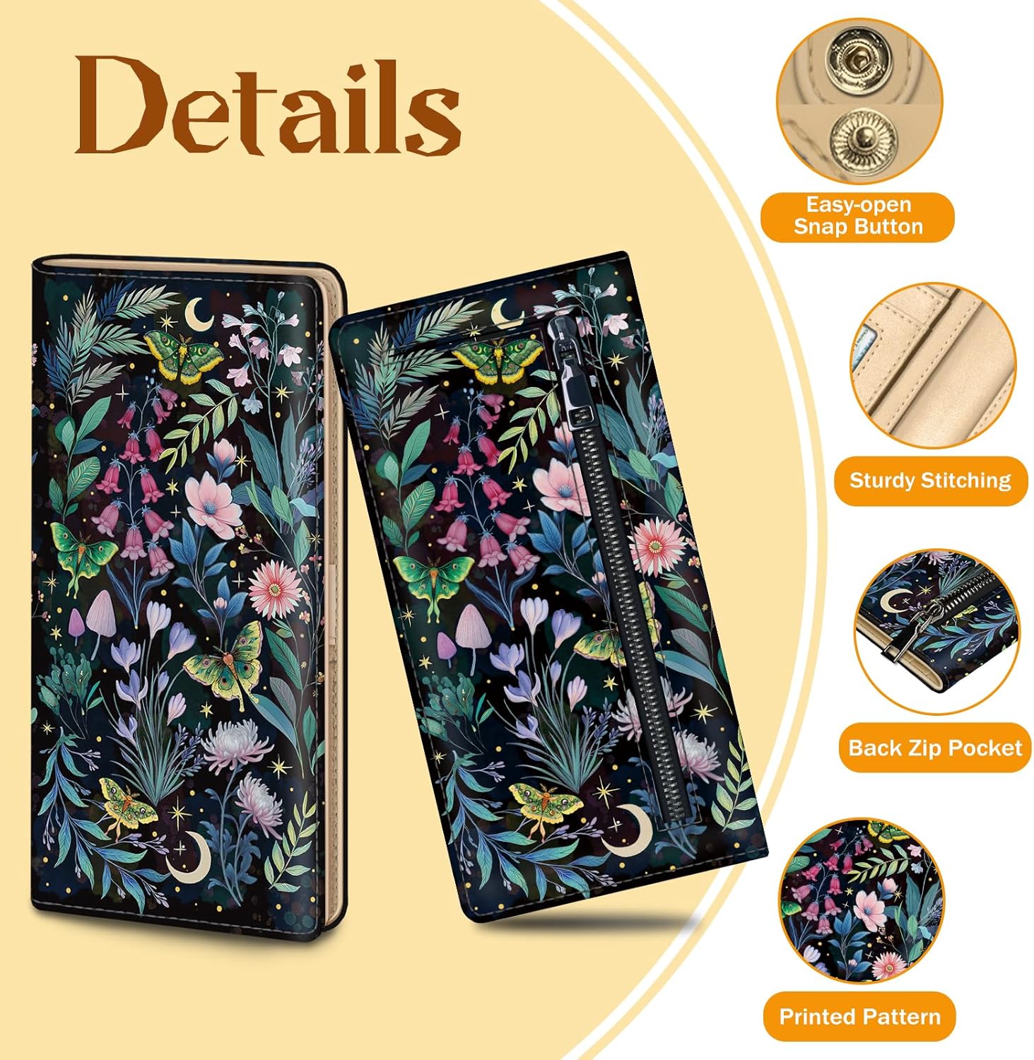 Immaturus Womens Wallet, Butterfly Flower Slim Thin RFID Blocking Credit Card Wallets, Moon Long Bifold PU Leather Card Holder Organizer, Cash Clutch Billfold with Zipper Coin Pocket Ladies Girls Gift - Image 5