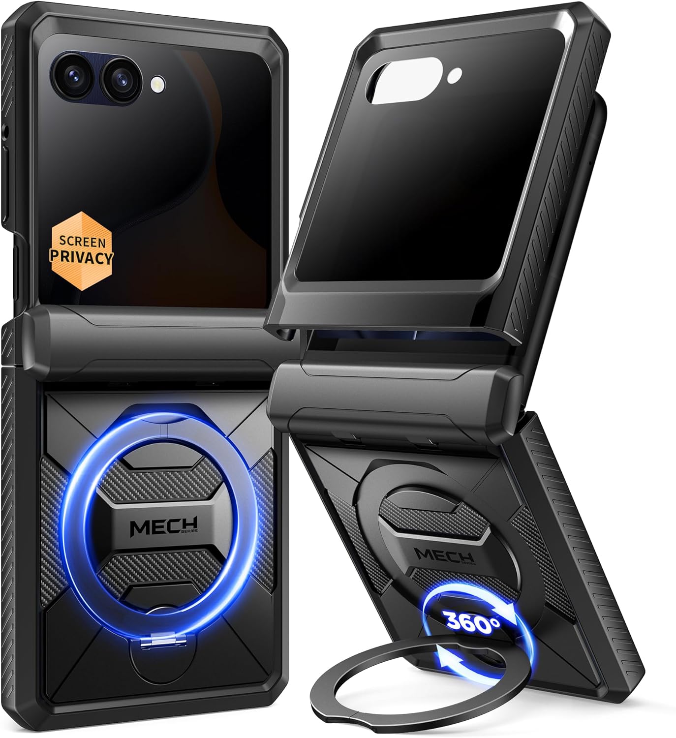 TONGATE for Z Flip 7 Case with 360° Spin Magnetic Stand, [Compatible with Magsafe] [with Privacy Screen Protector] Full-Body Shockproof Samsung Galaxy Z Flip 7 Cover with Hinge Protection, TiBlack