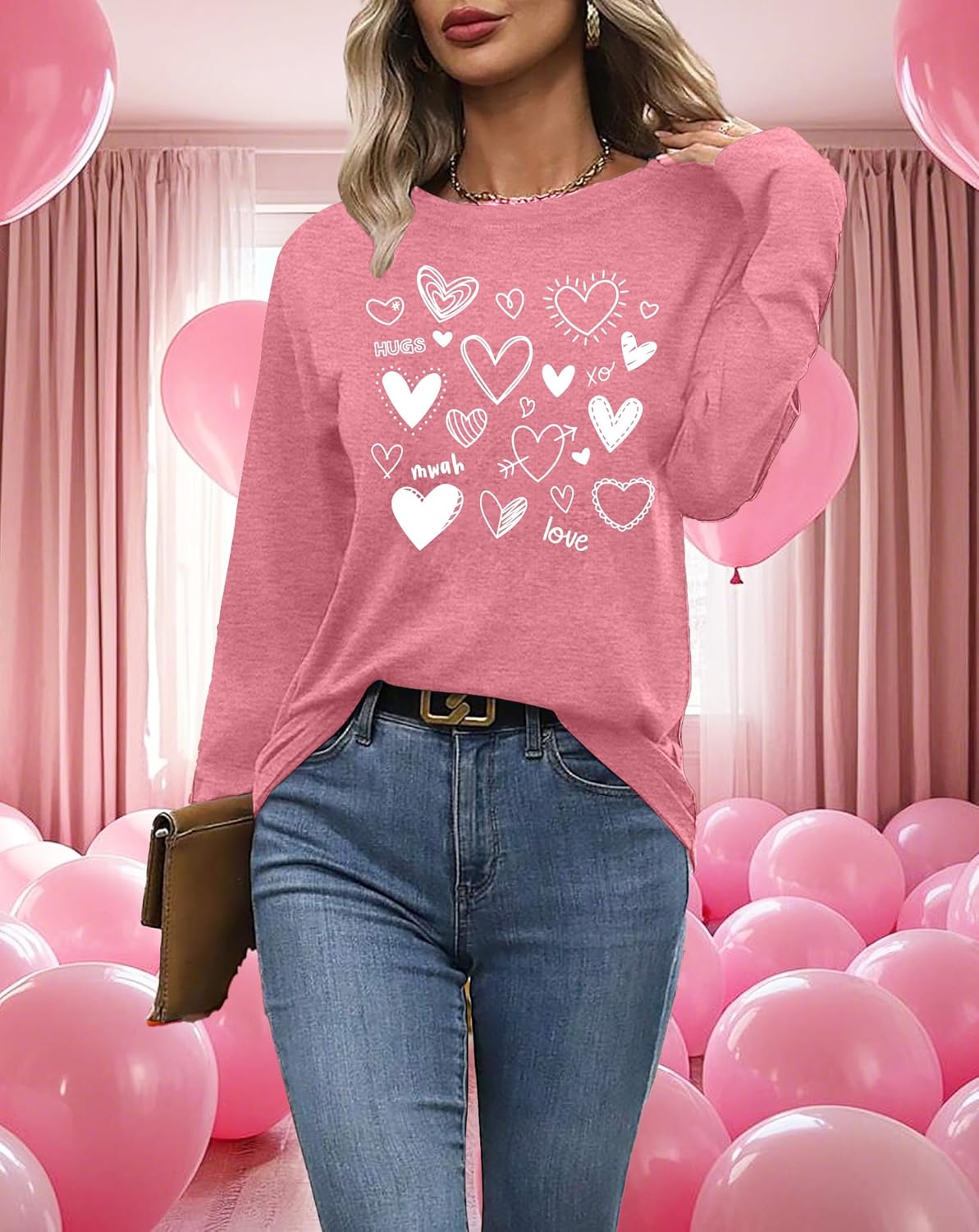Valentines Shirts for Women Cute Love Heart Shirts Heart Long Sleeve Tops - Image 3