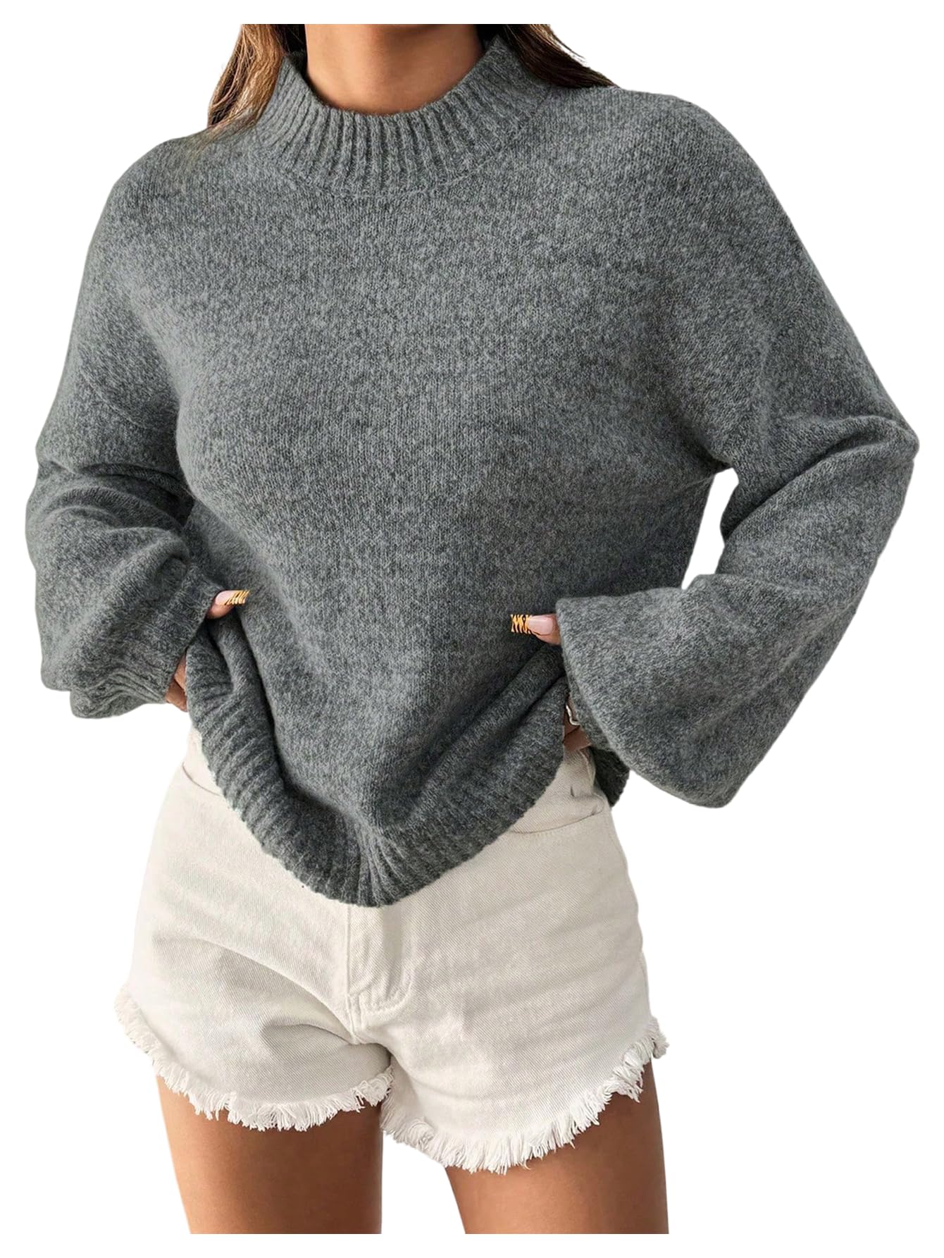 SweatyRocks Womens Mock Neck Long Sleeve Sweater Dressy Casual Knit Pullover Sweater