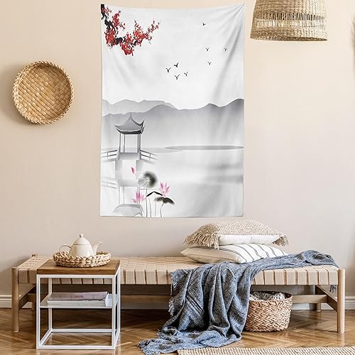 Miniatura 6 de Ambesonne Tapiz asiático, pájaro de jardín de estilo japonés y pequeño pabellón sobre el lago de loto, colgante de pared para dormitorio, sala de