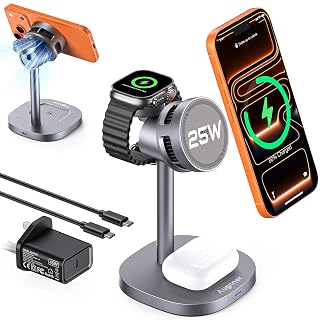 3 in 1 Charging Station Compatible with MagSafe Charger, Qi2.2 25W Magnetic Wireless Charger Dock with TEC Active Cooling for iPhone 17/16/15/14/13/12, Apple Watch, AirPods(45W Adapter Included) - Amazon product rated Grade A