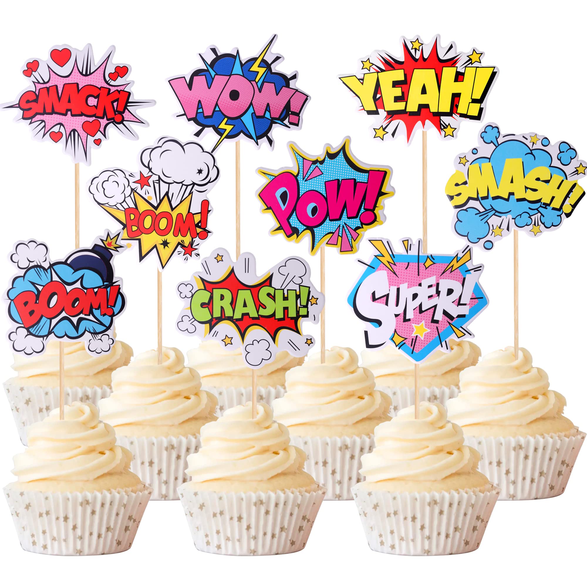 Xsstarmi 36 Pack Super Hero Boom Cupcake Toppers Smash Crash Pow Cupcake Picks for Celebrating Hero Theme Baby Shower Kids Birthday Party Cake Decorations Supplies