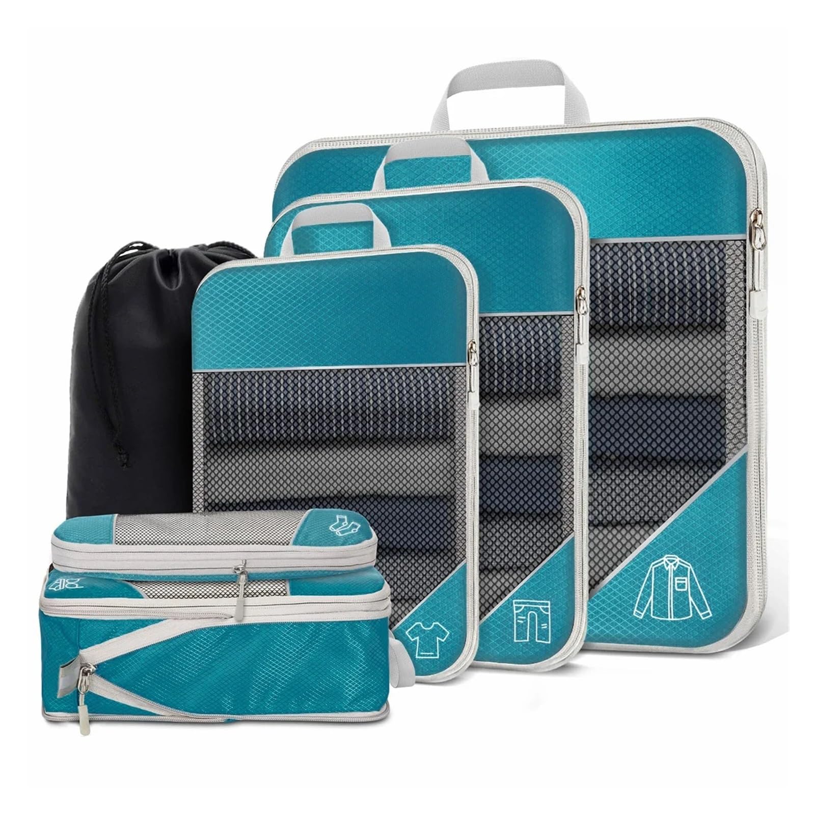 Packwürfel 6-teiliges Reise-Komprimierungs-Packwürfel-Aufbewahrungs-Organizer-Set mit Schuhtasche, Netz-Sichtgepäck, tragbarer, leichter Koffer(Color 11)