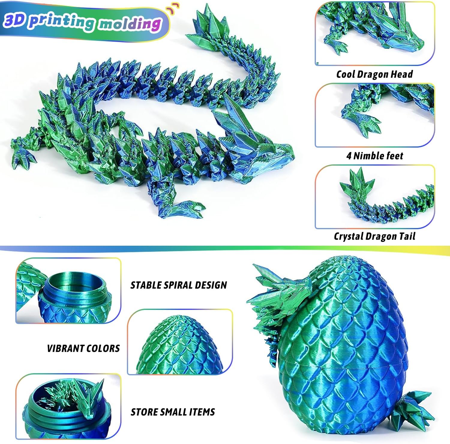 JOD® 6PCS 3D Printed Dragon Eggs with Dragon Inside – Articulated Fidget Toys, Easter Dragon Eggs, Mystery Surprise Easter Eggs for Kids, Unique 3D Printed Animals, Home Decor and Gift Set (6pc-a)