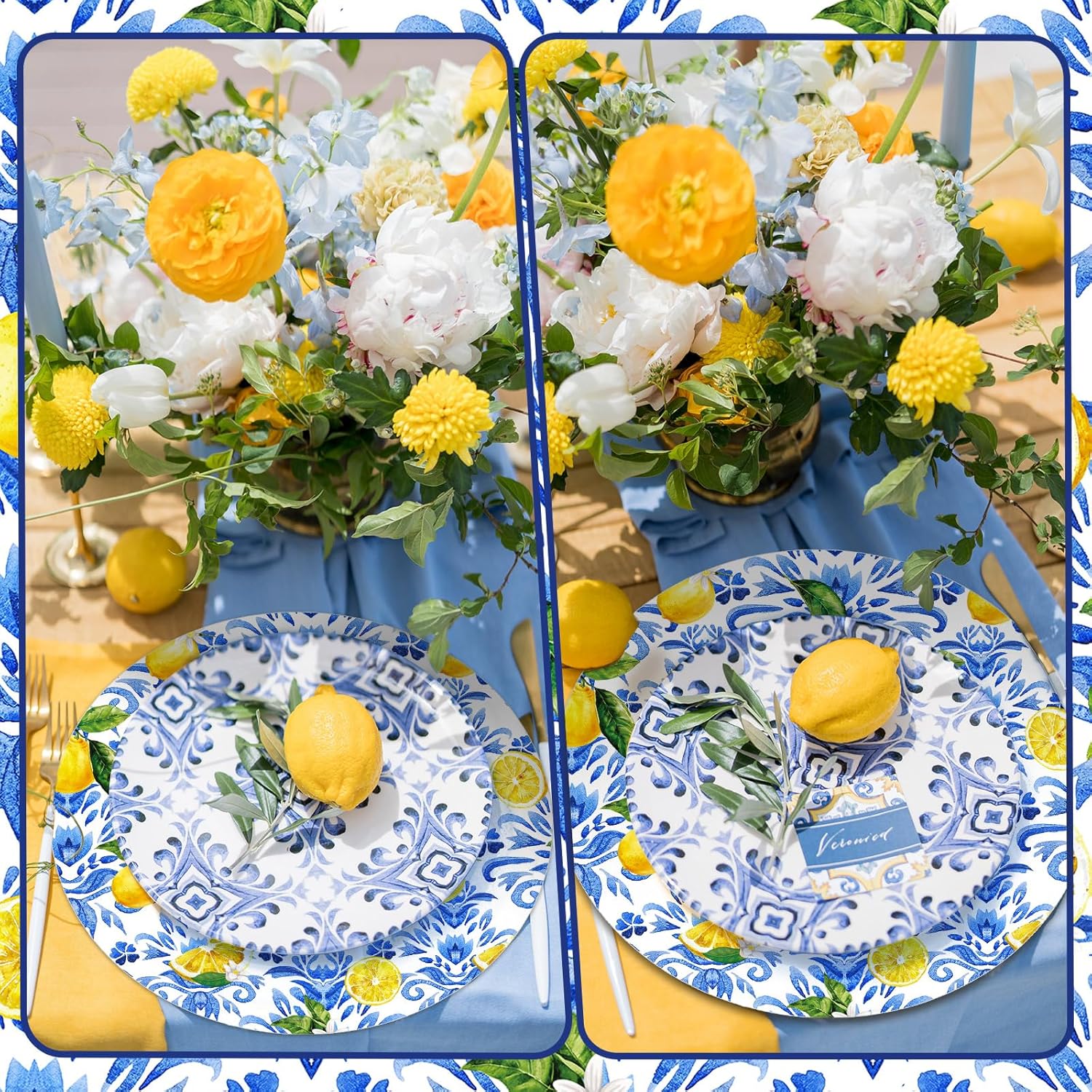 100 Pack Disposable Lemon Paper Placemats Blue Yellow Capri Lemon Party Decorations Amalfi Coast Table Placemats for Mediterranean Positano Wedding Kitchen Decorations