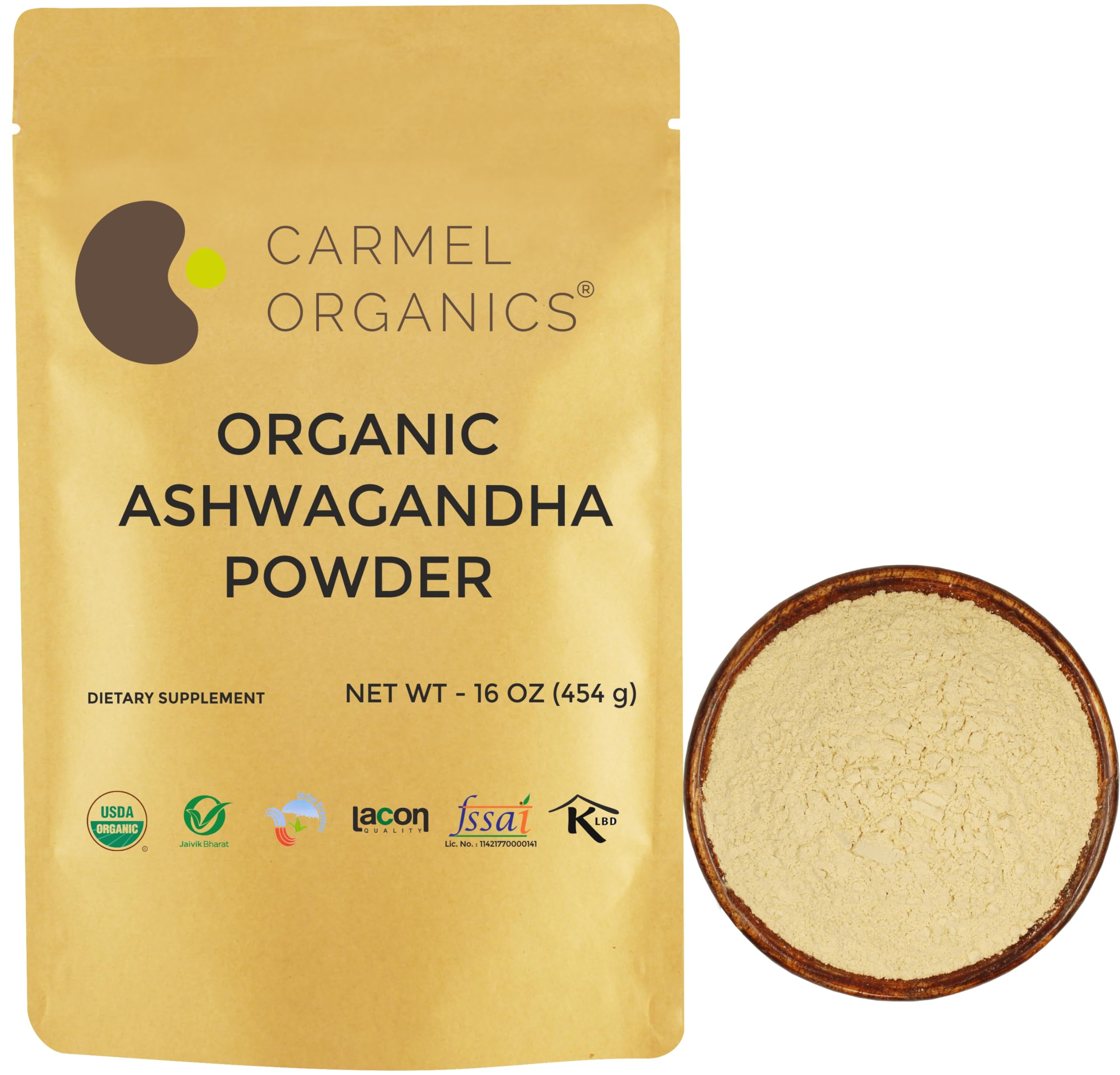 CARMEL ORGANICS Ashwagandha Root (Withania Somnifera/Indian Ginseng) Powder, 16 Oz - USDA Certified. Non GMO & Gluten Free