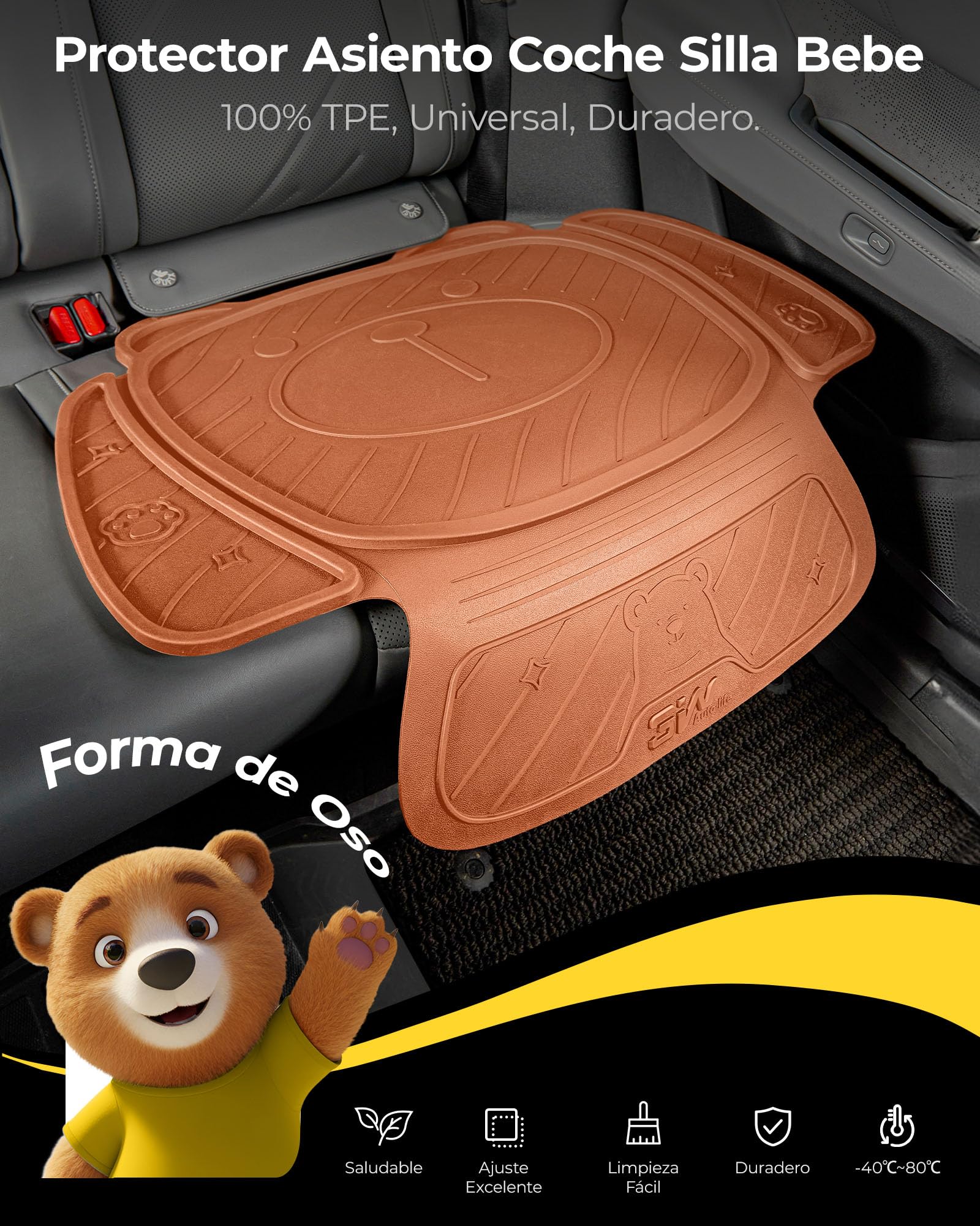 3W Protector Asiento Coche Silla Infantil Naranja, Cojín para Silla de Seguridad Infantil para Todo Clima, Forma de Oso, Impermeable, Antideslizante, Limpieza Fácil, Accesorio de Coche
