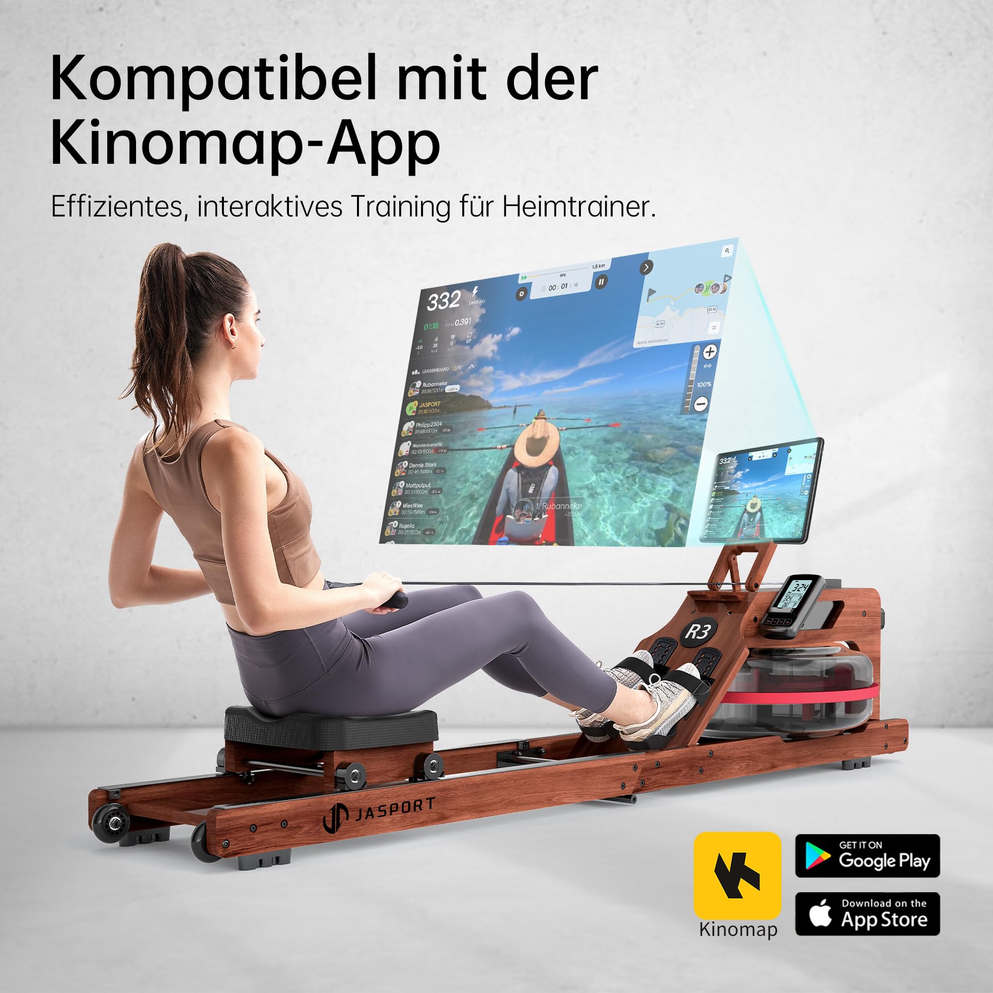 R3 Faltbares Rudergerät aus Eichenholz, mit Bluetooth-fähigem LCD-Display, kompatibel mit Kinomap, 28L Wassertank, belastbar bis 150 kg, ergonomischer Sitz, Verstellbarer Tablethalter